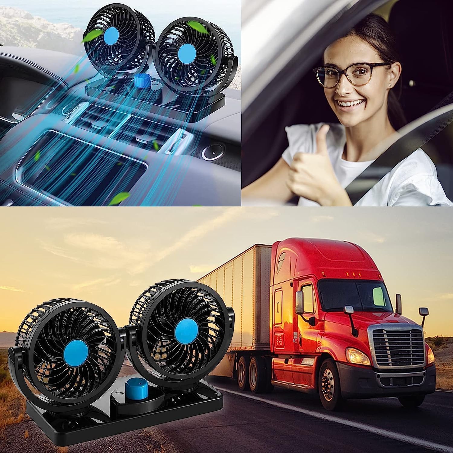 Auto Ventilator, 12V Doppelkopf Ventilator Auto 360 Grad drehbar mit 2 Geschwindigkeiten Doppellüfter Geeignet für 12Volt Autos, LKWs, SUV