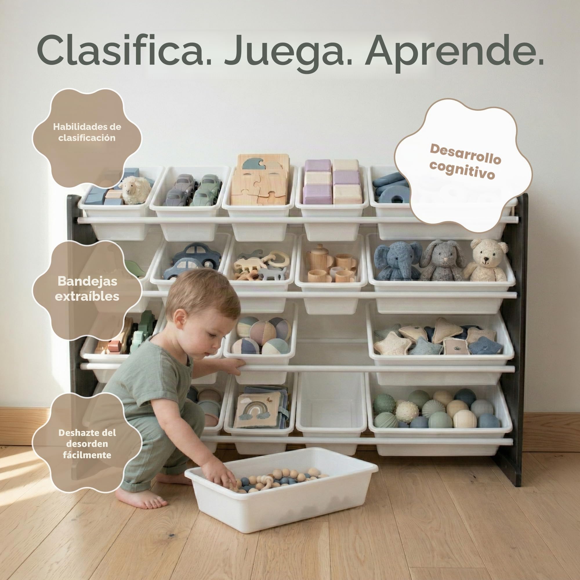Humble Crew estantería infantil marrón espresso/blanco: 20 cajas almacenamiento, organiza juguetes, diseño sofisticado, segura, montaje rápido, ideal niños