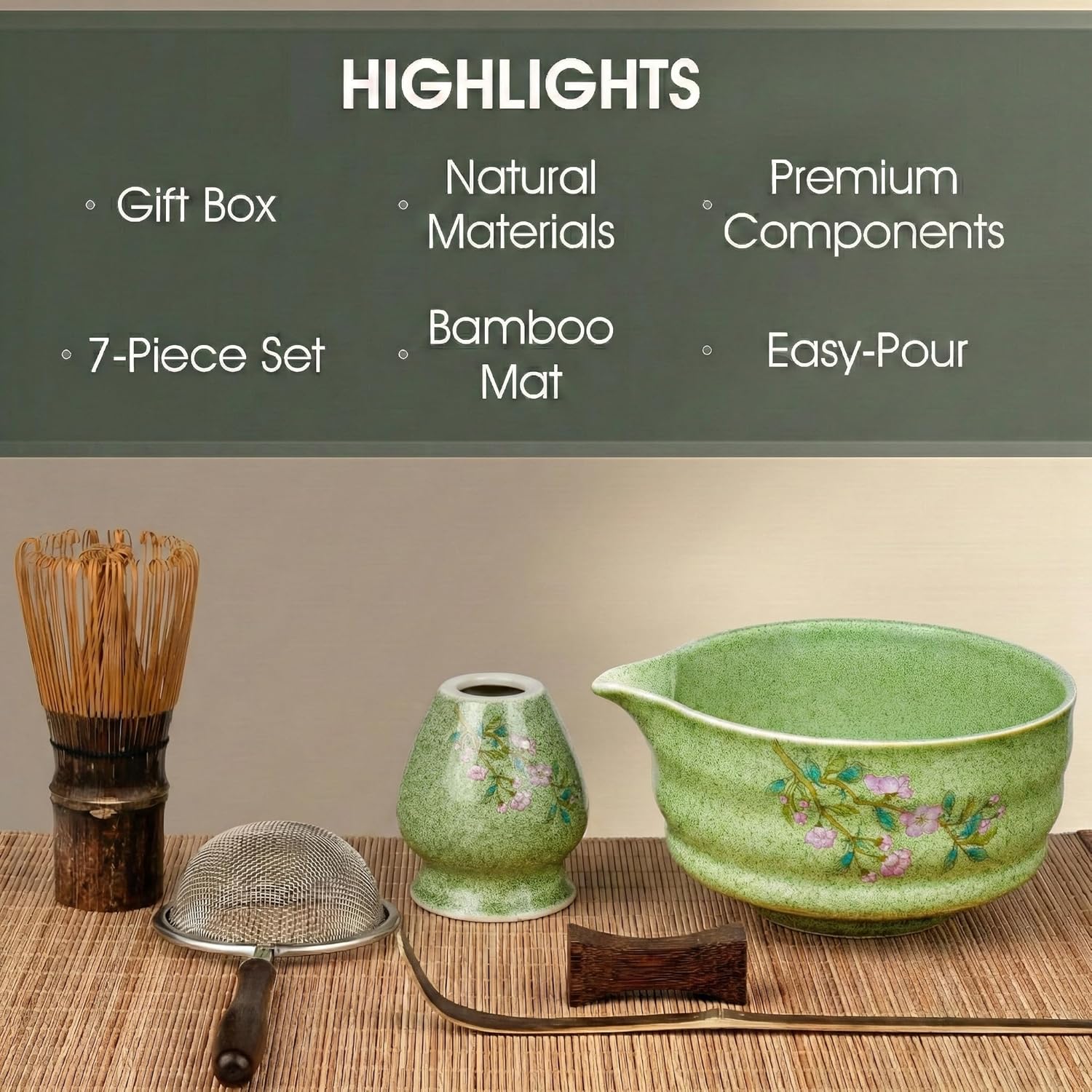 7-Piece Matcha Set with Ceramic Matcha Bowl, Bamboo Whisk (Chasen) & Holder, Sifter, Tea Scoop & Rest, Special Bamboo Tea Mat - Perfect Matcha Kit for Matcha Lovers & Gift Giving, Green - Image 2