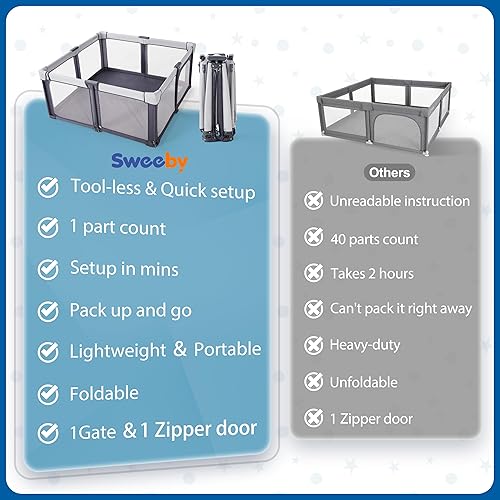 Miniatura 7 de Sweeby Corralito para bebés, 59 x 59 pulgadas, corralitos para bebés y niños pequeños, corralito grande con puerta de juego para valla interior y