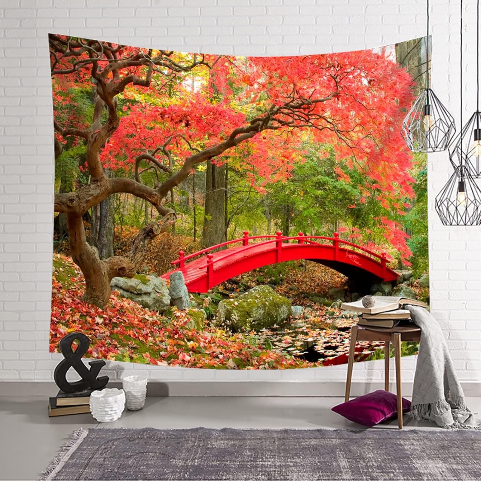 Homxi Tapestry Room Decor 200 x 200 cm, krajobraz z motywem lasu i mostu, dekoracja ścienna, poliester, czerwony, zielony, brązowy
