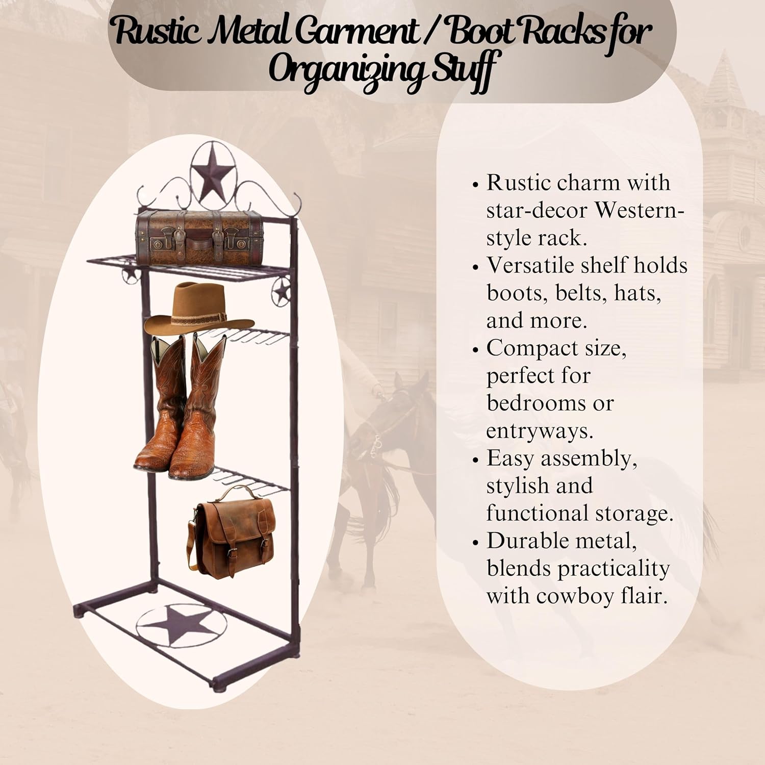 BestGiftEver Rustic Western Boot Rack with Star Decoration – Metal Free-Standing Cowboy Boot Storage and Organizer for Boots, Hats, and Accessories - Image 2
