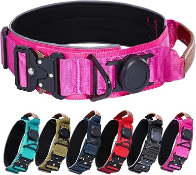 Airtag Dog Collar, Tactical Dog Collar with AirTag Holder & Handle, 2" Wide Heavy Duty Military Collar with GPS Tracking for Medium Dogs, Reflective Nylon Collar with Metal BuckleHot Pink,M