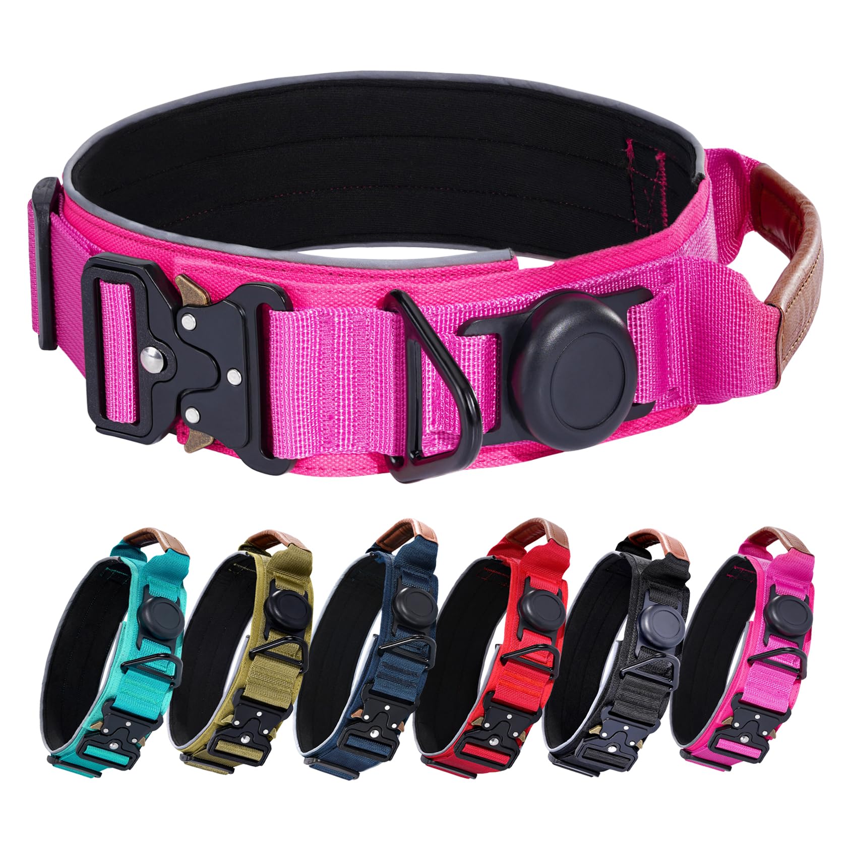 Collier tactique chien AirTag rose imperméable anti-perte rembourré