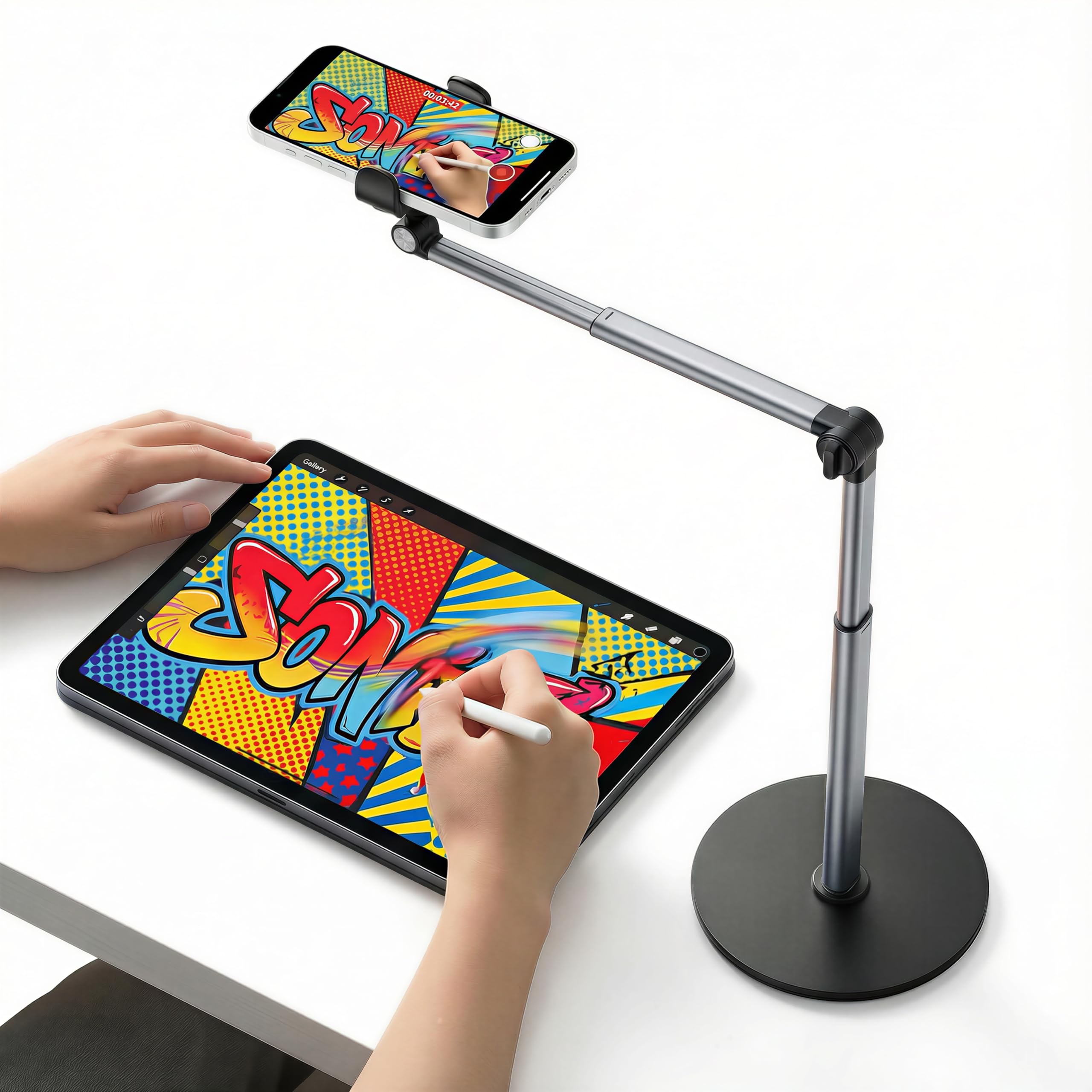 Overhead Stativ Handy mit Teleskoparm, Schweres Aluminium Tischstativ für Smartphone (28-81 cm Höhenverstellbar), 360° Drehbarer Handyhalter Tisch für Videoaufnahmen, Live-Streaming, Kochen & Zeichnen