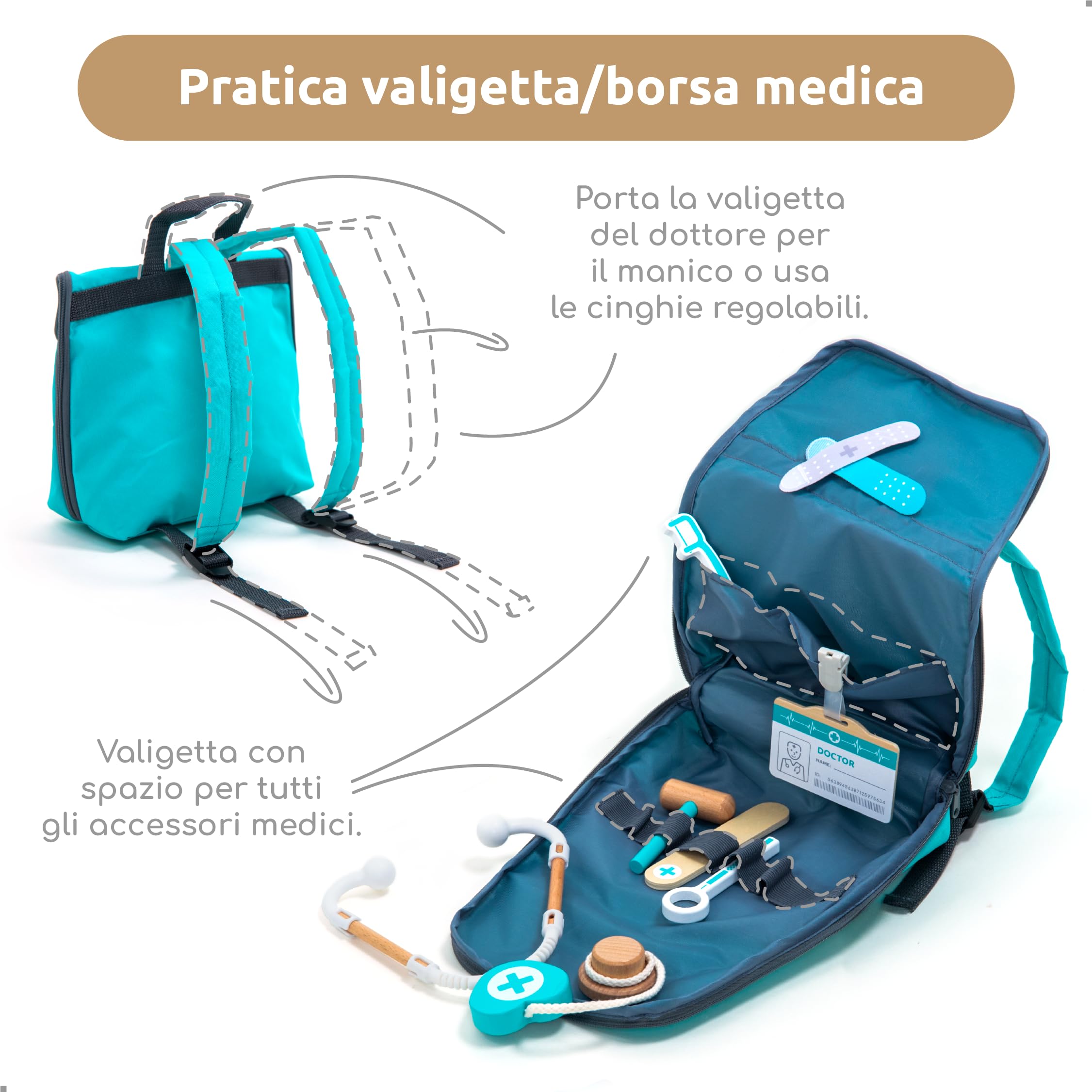 umu Kit medico in legno per bambini – Set di gioco di finta con stetoscopio, cappotto dottore, strumenti dentisti e altro – Gioco di ruolo giocattolo medico per ragazzi e ragazze di età compresa tra 3