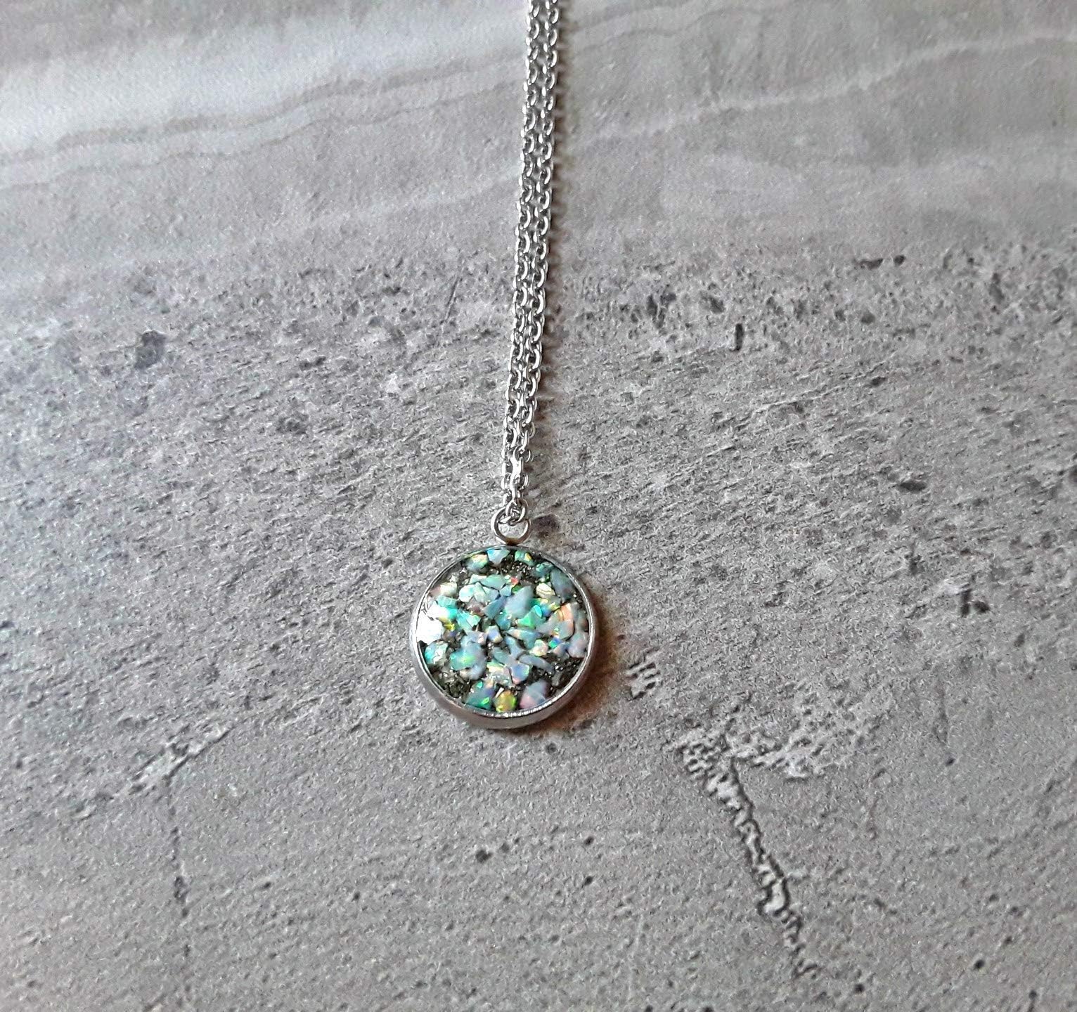 October Birthstone Crushed White Fire Opal Filled Confetti Necklace Stainless Steel