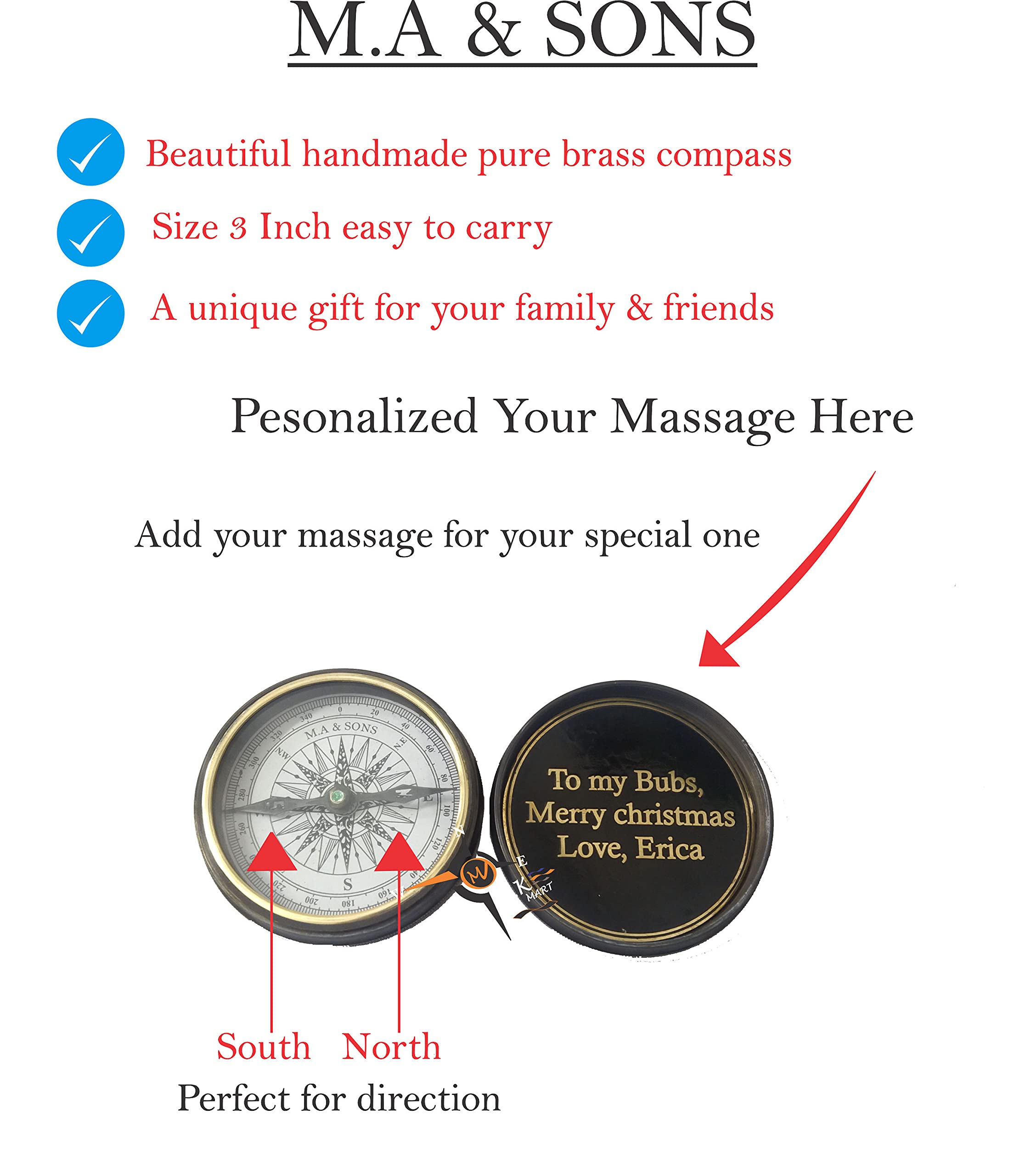 M.A & SONS Personalized Brass Compass Go Confidently in The Direction Quote, with Wooden Box 2