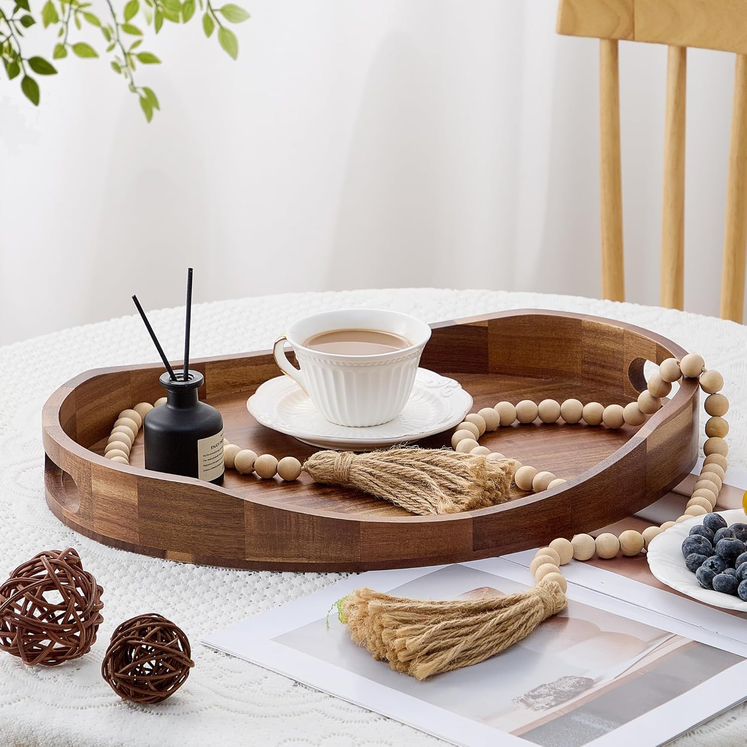 Acacia Wood Serving Tray with Handles - 17'' x 13'' Round, Decorative Ottoman Trays for Breakfast, Home Decor, Tea Party, Coffee Table, Candle Display, Kitchen Counter Board