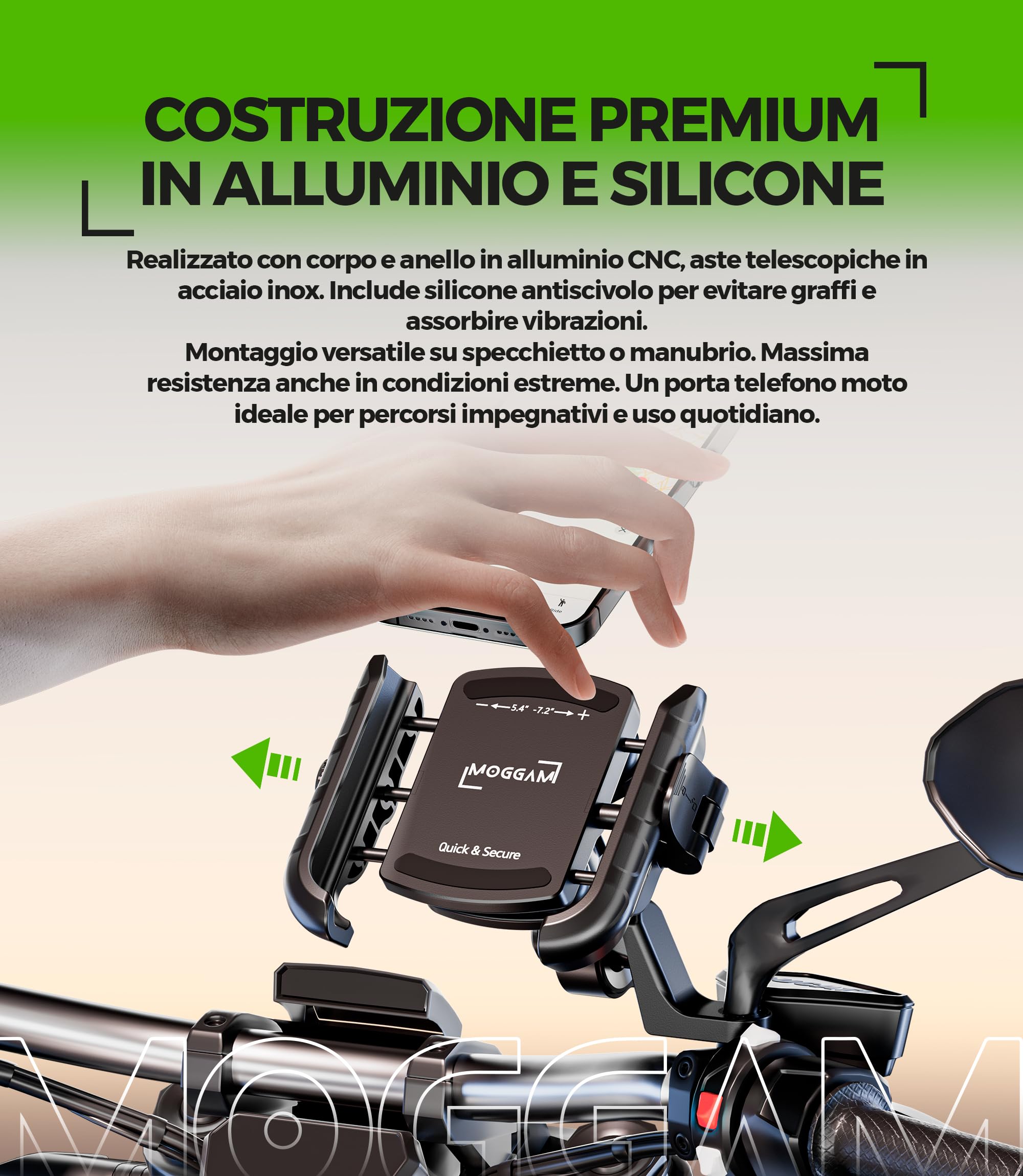 Porta Cellulare Moto Antivibrazione Alluminio CNC Doppio Fissaggio Manubrio 22-32 mm Specchietto 12-14 mm Sgancio Rapido Design Aperto Compatibile Scooter Bici Monopattino Elettrico Rotazione 360°
