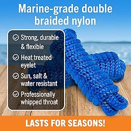 Boat Fender Lines, 3/8 Inch Double Braided Nylon Rope, 6 Ft with Loop, 2 Pack, Royal Blue, for Buoy, Jet Ski Mooring, Docking & Small Boat Bumpers