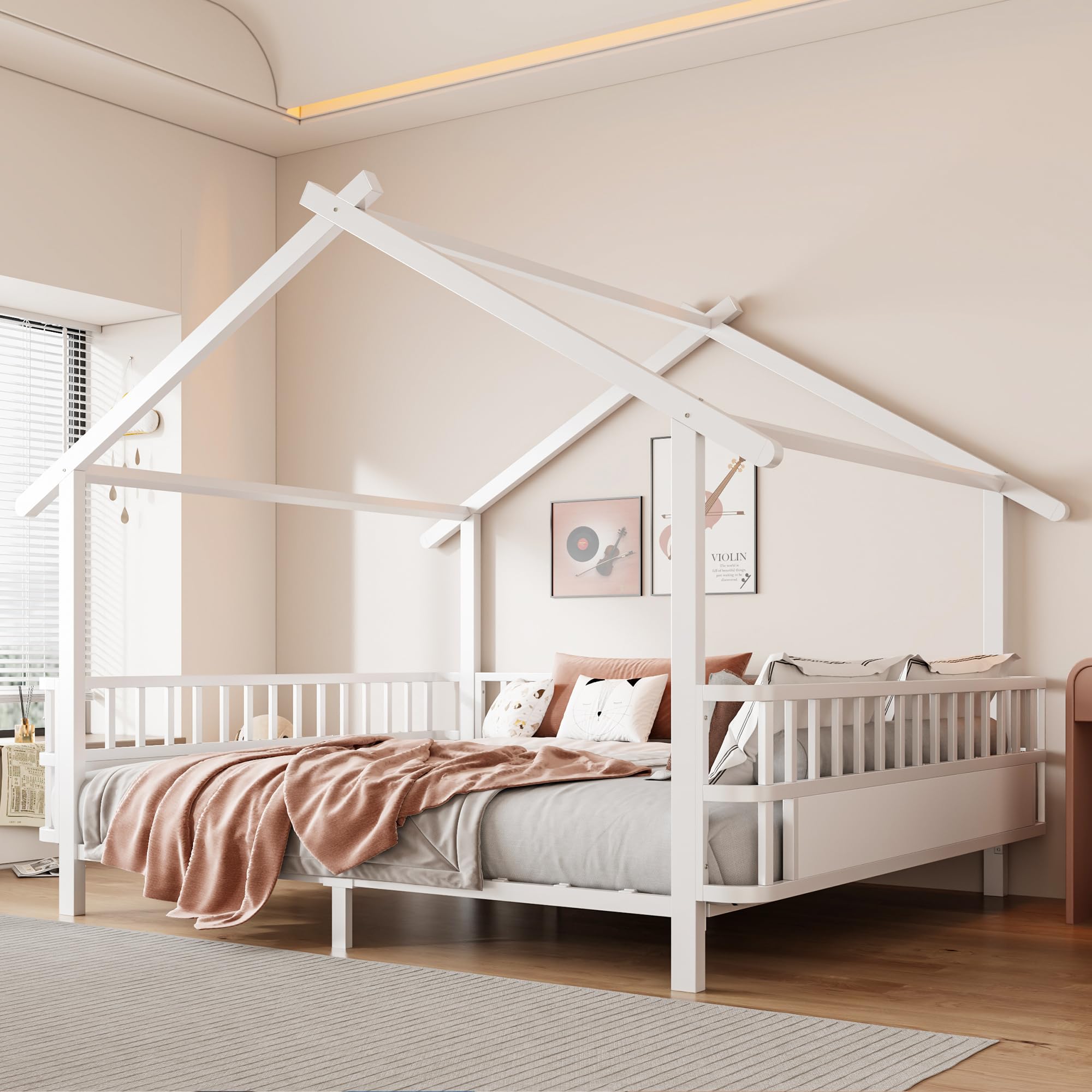 Merax Kinderbett aus Metall in Hausform 140x200 cm mit Sicherheitsgitter & Dachdesign – Weiß (Ohne Matratze)