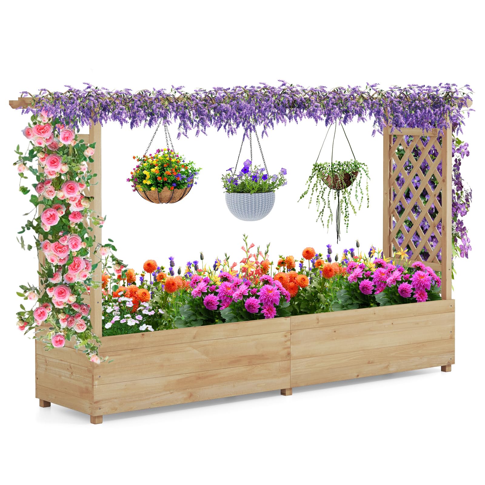 COSTWAY Jardinera Elevado con Enrejado, Techo Colgante, Macetero, Orificios de Drenaje, Contenedor Vertical para Plantas Trepadoras, Macetero de Madera para Jardín Patio (200 x 44 x 114 cm, Natural)