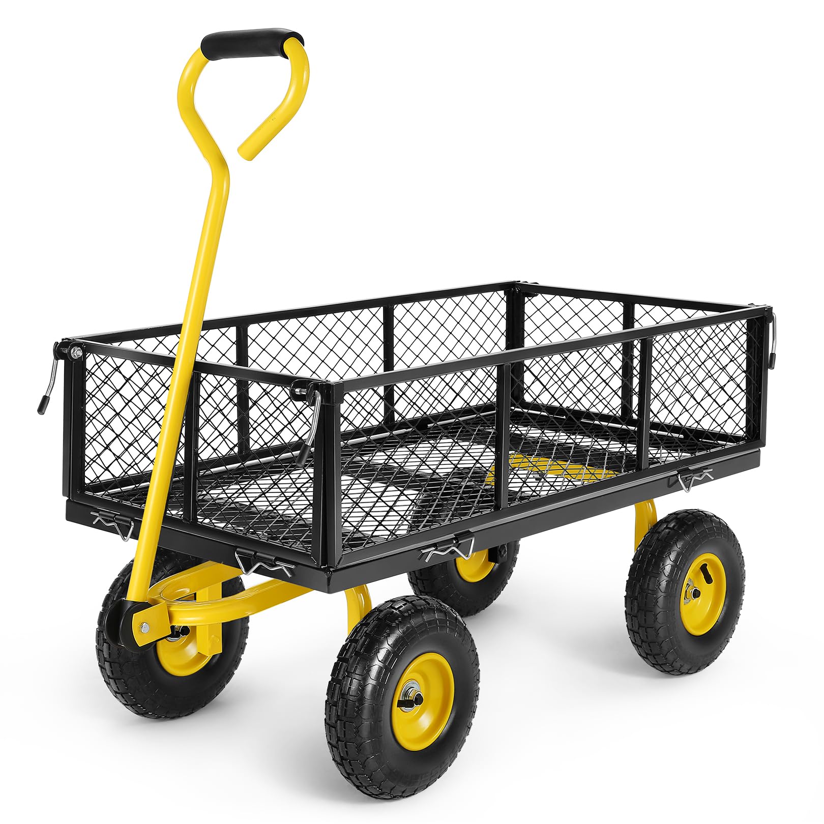TEANDE 680Lb Steel Garden Cart with Removable Mesh Sides to Convert into Flatbed, Metal Wagon with 180° Rotating Handle, 10 inch Tires, Portable for Yard, Farm, Beach (Yellow, Without Oxford Cloth)