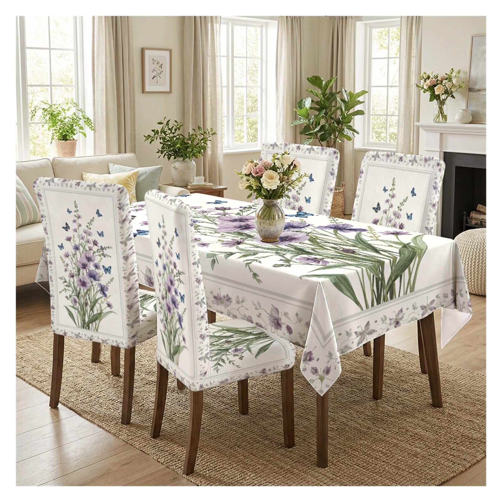 KXUAUV White Base Purple Wildflower Butterfly Stretch Dining Chair Slipcover & Tablecloth Set, Rustic Farmhouse Home Decor, 5/7 Pack Party Decor(5pcs Set: Tablecloth+Chair Covers)