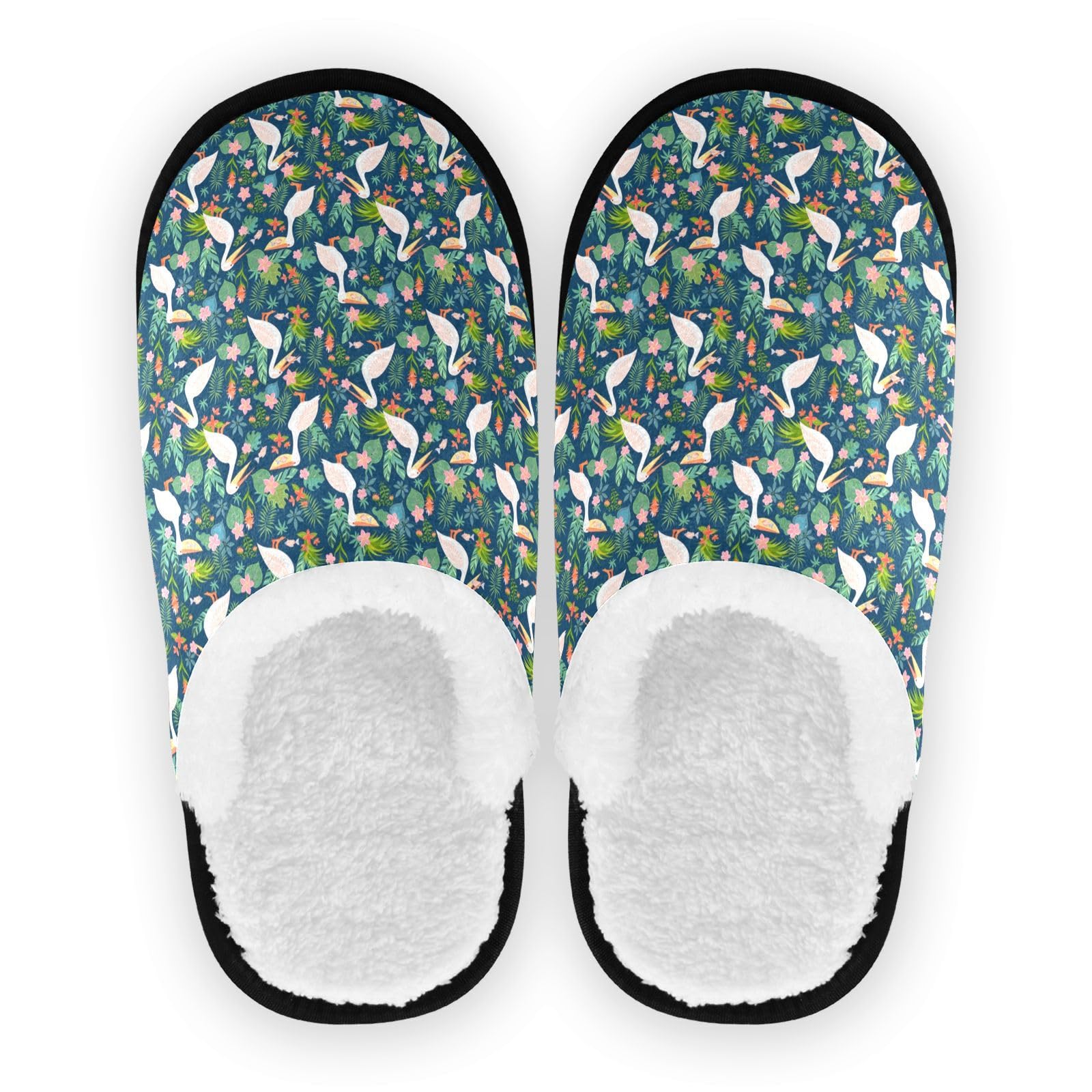 Ajusmeau Pelicans Tropical Flowers Cozy Slippers for Women Men Indoor Washable Fuzzy House Shoes with Anti-Skid Sole