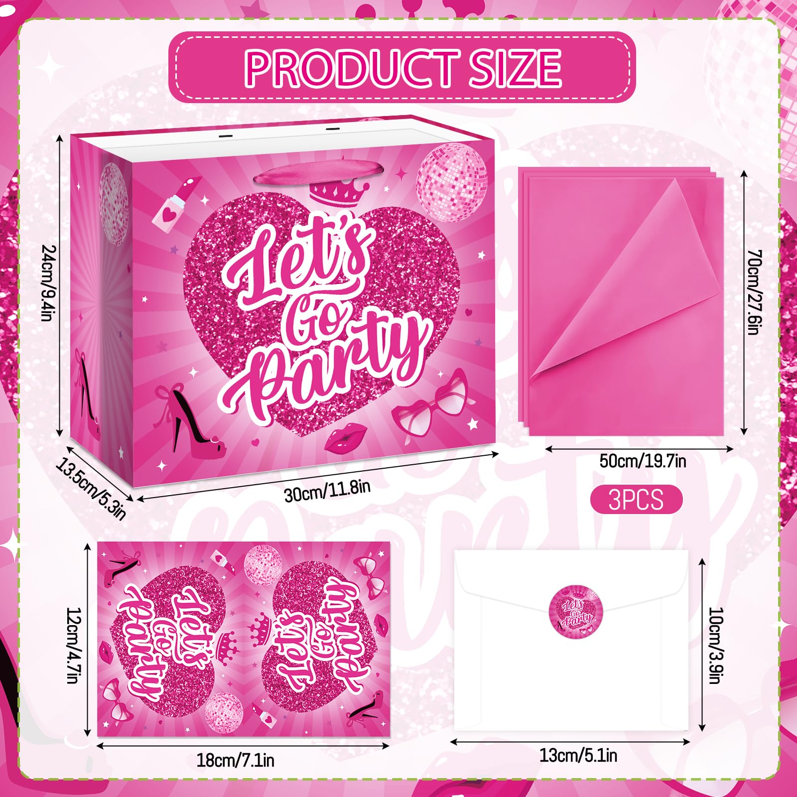 Allparty 11.8” Hot Pink Gift Bag, Let’s Go Party Design with Wrapping Paper, Card, Envelope & Sticker for Girls Birthday, Bridal Shower, Bachelorette Party Supplies