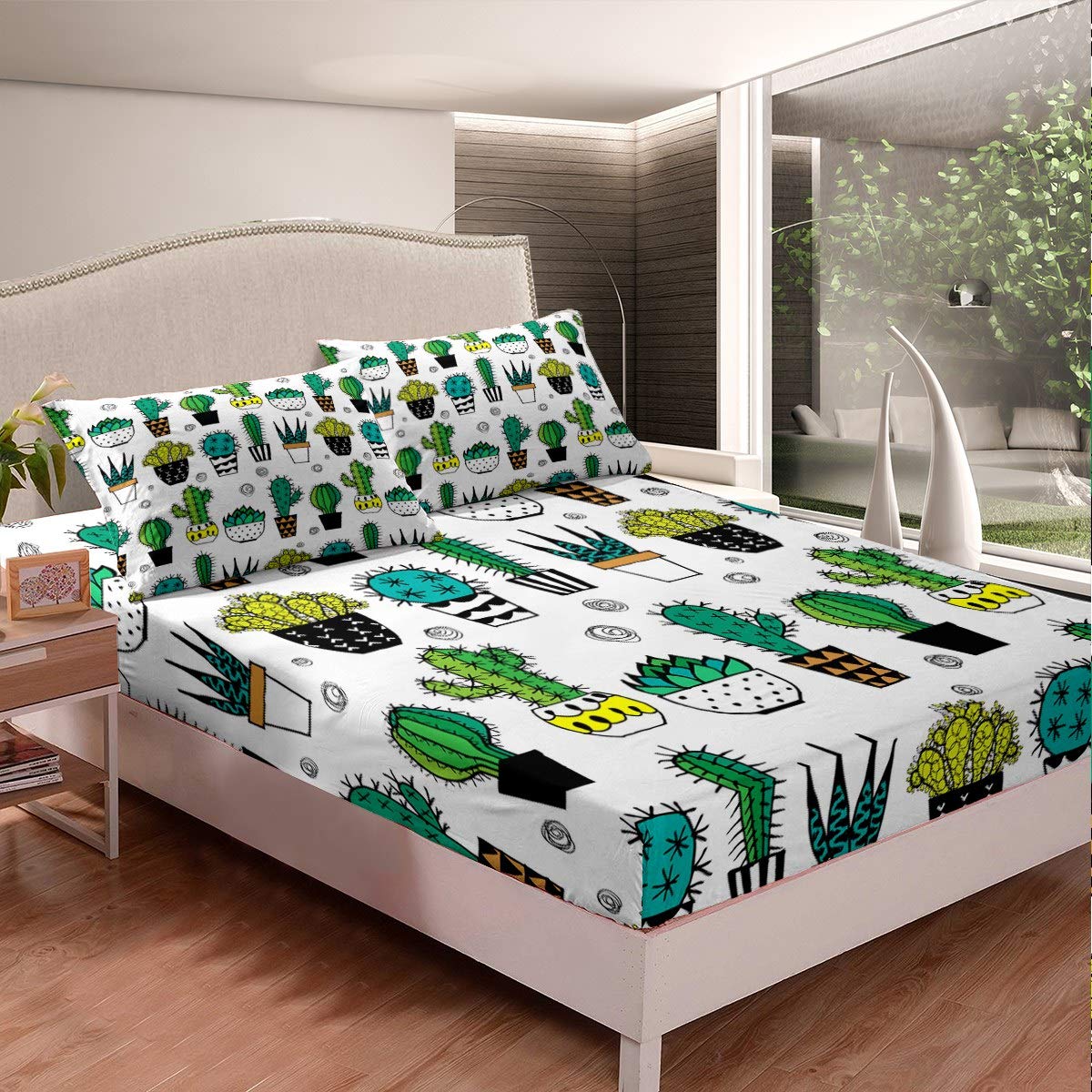Loussiesd Boys Multi 16 Cartoon Cactus Sheets Botanical Floral Bed Sheet Set Boho Succulent Bedding Set For Kids Girls Potted Plants Fitted Sheet Bedroom Collection 3Pcs King Size