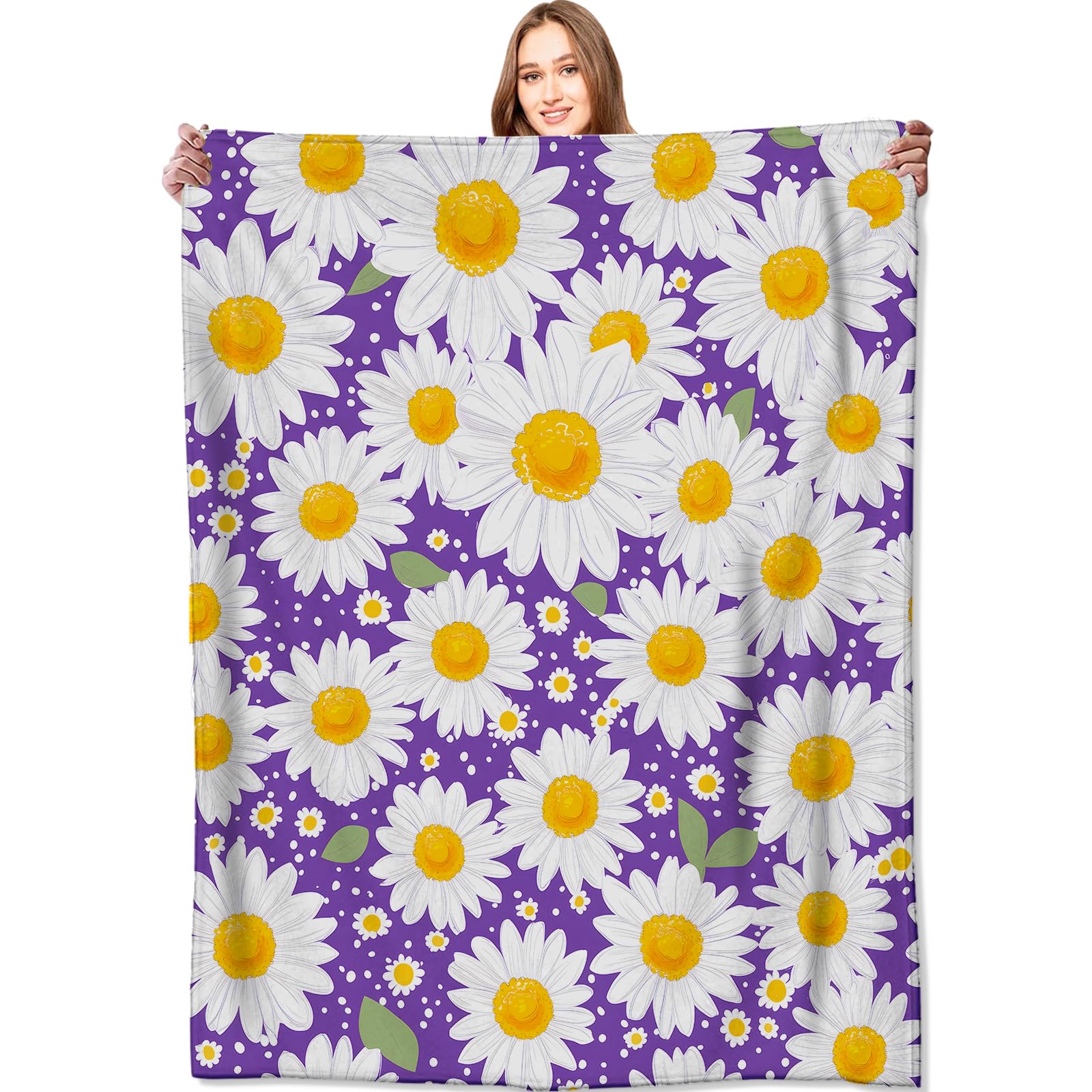 VODRM White Daisy Blanket Bright Floral Purple Throw Blankets,Birthday Gifts for Kids Girls Women,Lightweight Soft Fleece,Flower Garden Lovers,Sofa