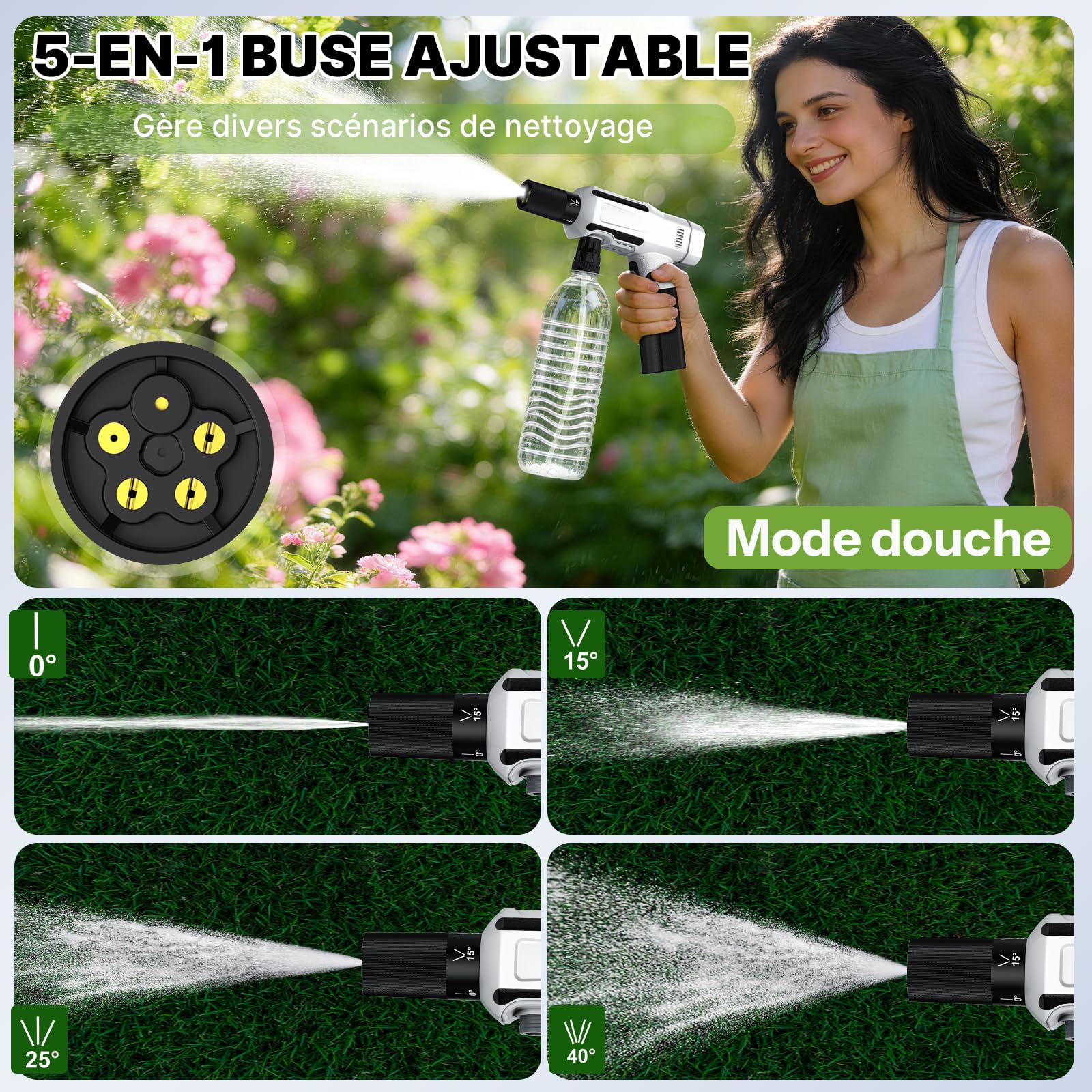Mini Nettoyeur Haute Pression sans Fil, Nettoyeur Haute Pression avec Mode 3 Vitesses, Buse Pivotante 5 en 1 et 180 °,Portable et léger，Pistolet Haute Pression Batterie