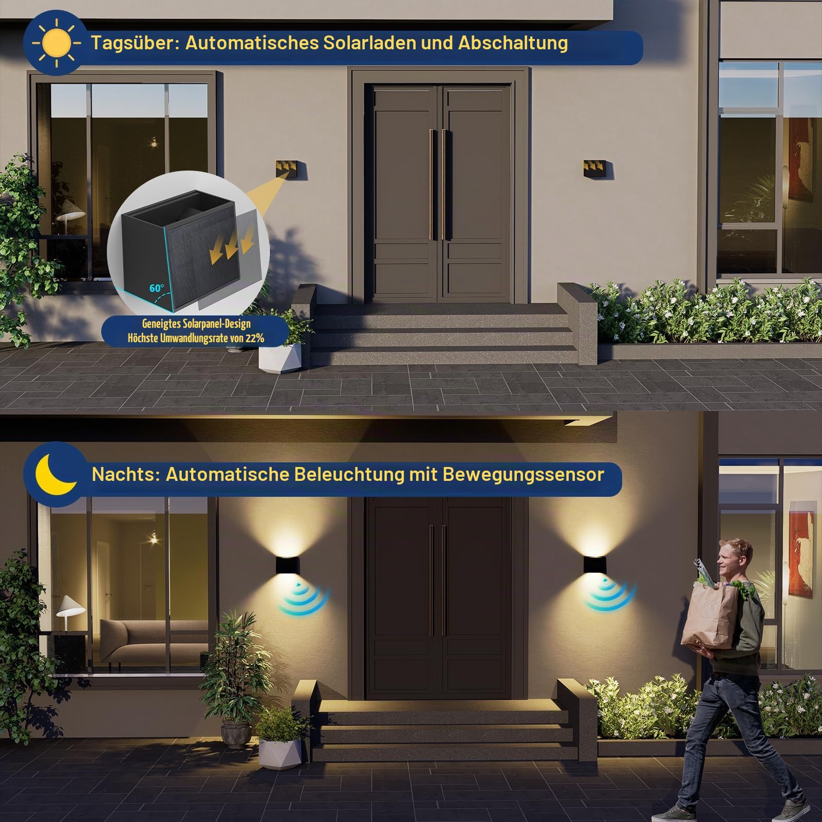 T-SUN Solar Wandleuchte Aussen mit Bewegungsmelder, 3000K Warmweiß, 4 Stück | IP65 Wasserdicht Solar Wandlampe,LED Solarlampen für Außen,3 Modi,Auf und ab Einstellbarer Lichtstrahl,für Garten Zaun Balkon