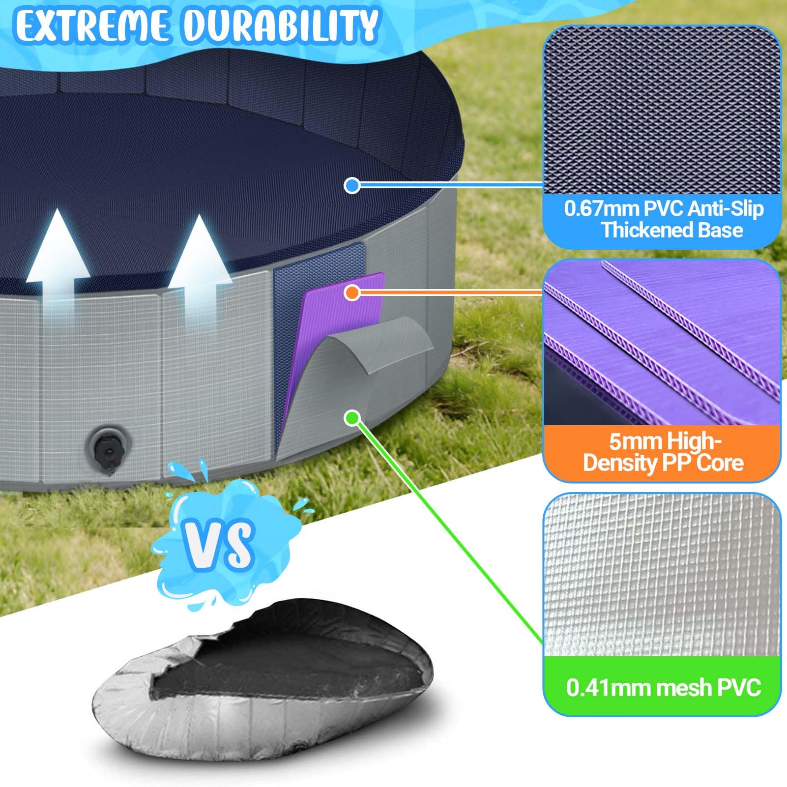 Bamda Foldable Dog Pool - 47" Kiddie Pool with Hard Plastic - Non-Slip Thickened Bottom Portable Pet Swimming Pool for Small Medium Large Dogs, Puppies & Kids(Gray) - image 3