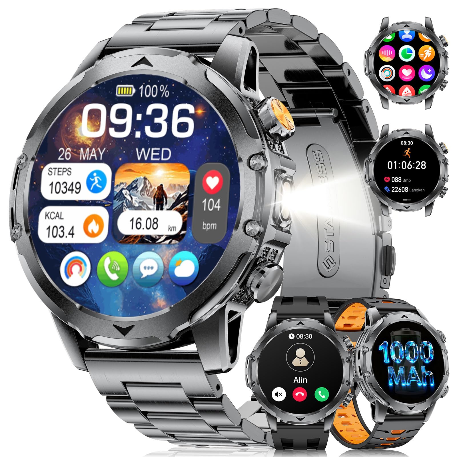FitVigor Military Smart Watch for Men, 1.53" Fitness Tracker with 1000 mAh Ultra-Long Battery/Flashlight/Bluetooth Calling/Health Monitor / 120+ Sports Modes / IP68 Waterproof for iOS Android, Black — view 10