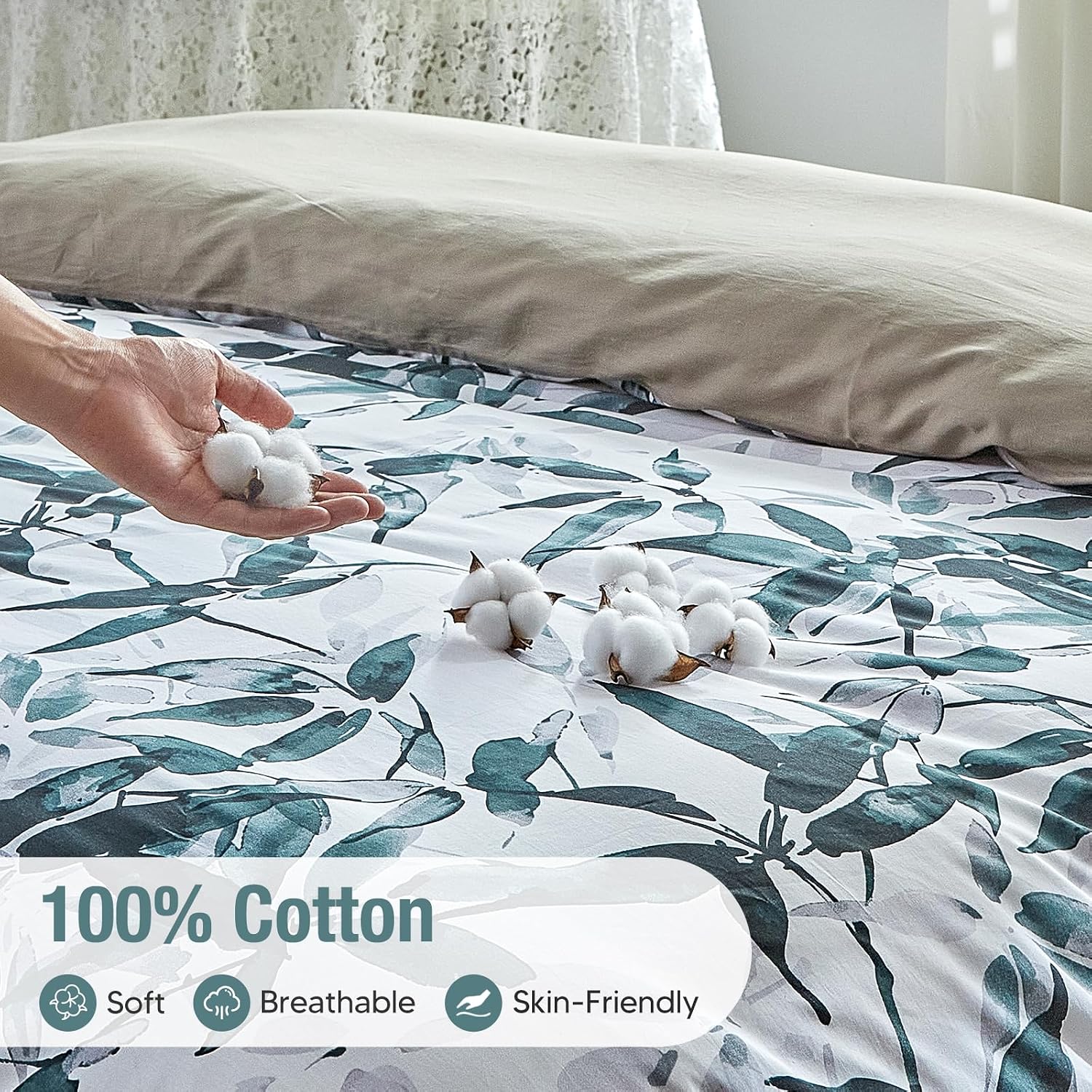 Lekesky Cotton Duvet Cover King Size - 100% Cotton Reversible Leaves Duvet Cover Set with Zipper & 8 Corner Ties, 3 Pieces Soft & Breathable Blue Bedding Set King Comforter Cover (King, 104"x90")