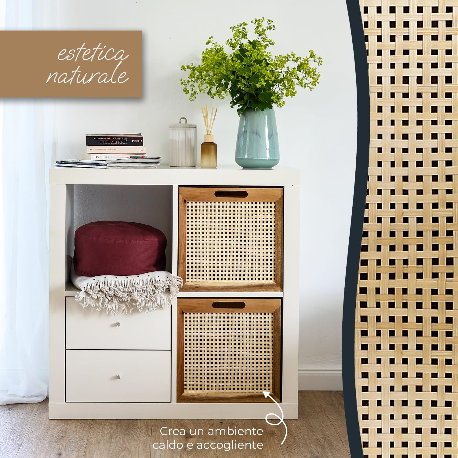 HMF Cesto portaoggetti adatto per scaffali Kallax, cesto in rattan con vimini viennese e legno di acacia, modello 3, 32 x 34 x 32 cm