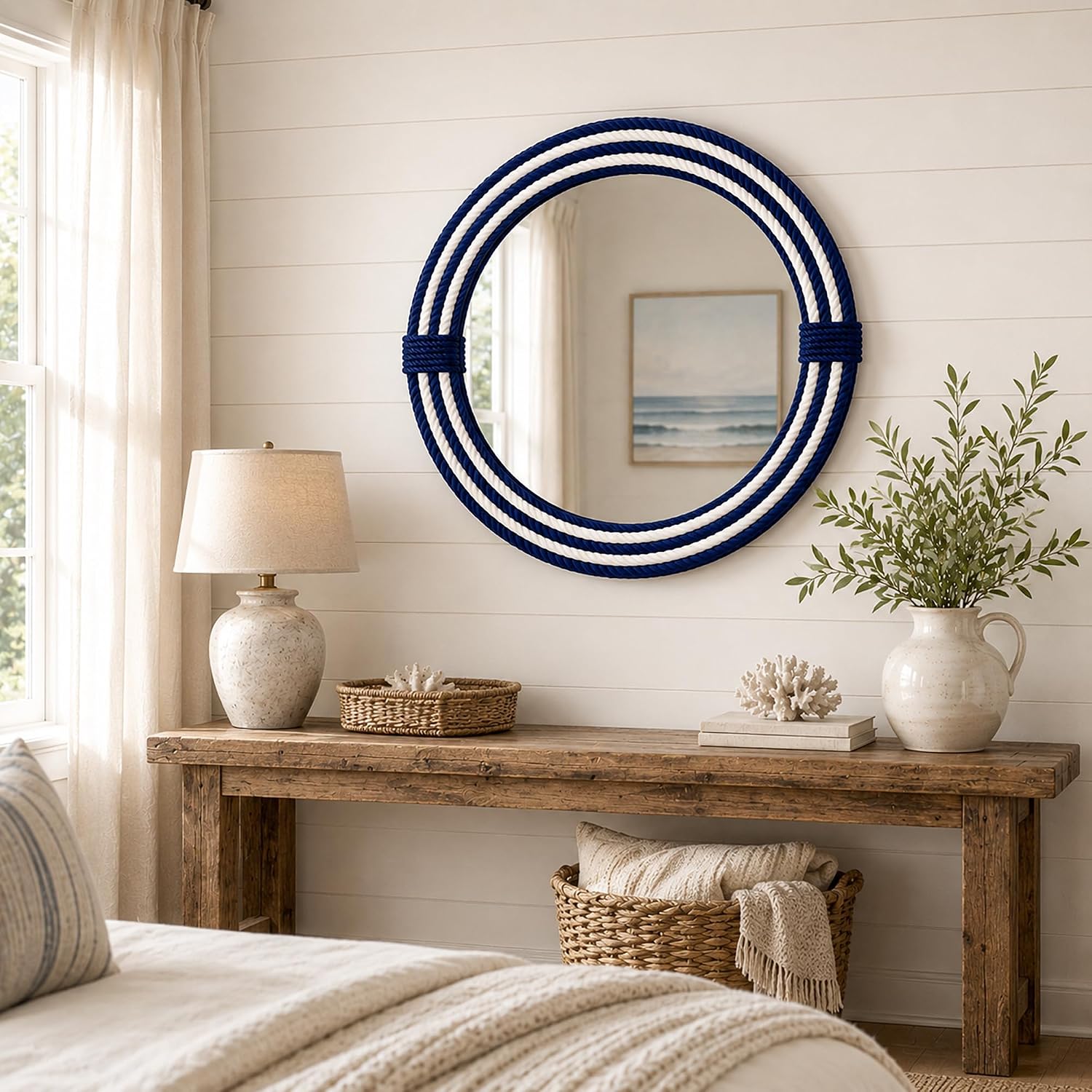 30 Inch Round Wall Mirror, Navy Stripe Handwoven Cotton Rope Frame, Blue and White Nautical Coastal Mirror for Entryway Bedroom Living Room Powder Room
