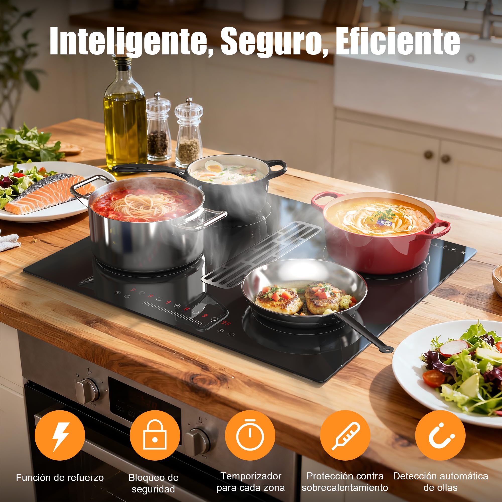Karinear Placa Inducción 4 Fuegos con Extractor Integrado, Empotrable 60cm | Temporizador, Función Boost, Placa de Inducción de 6400 W con Extracción de 135 W, 220-240 V, sin Enchufe
