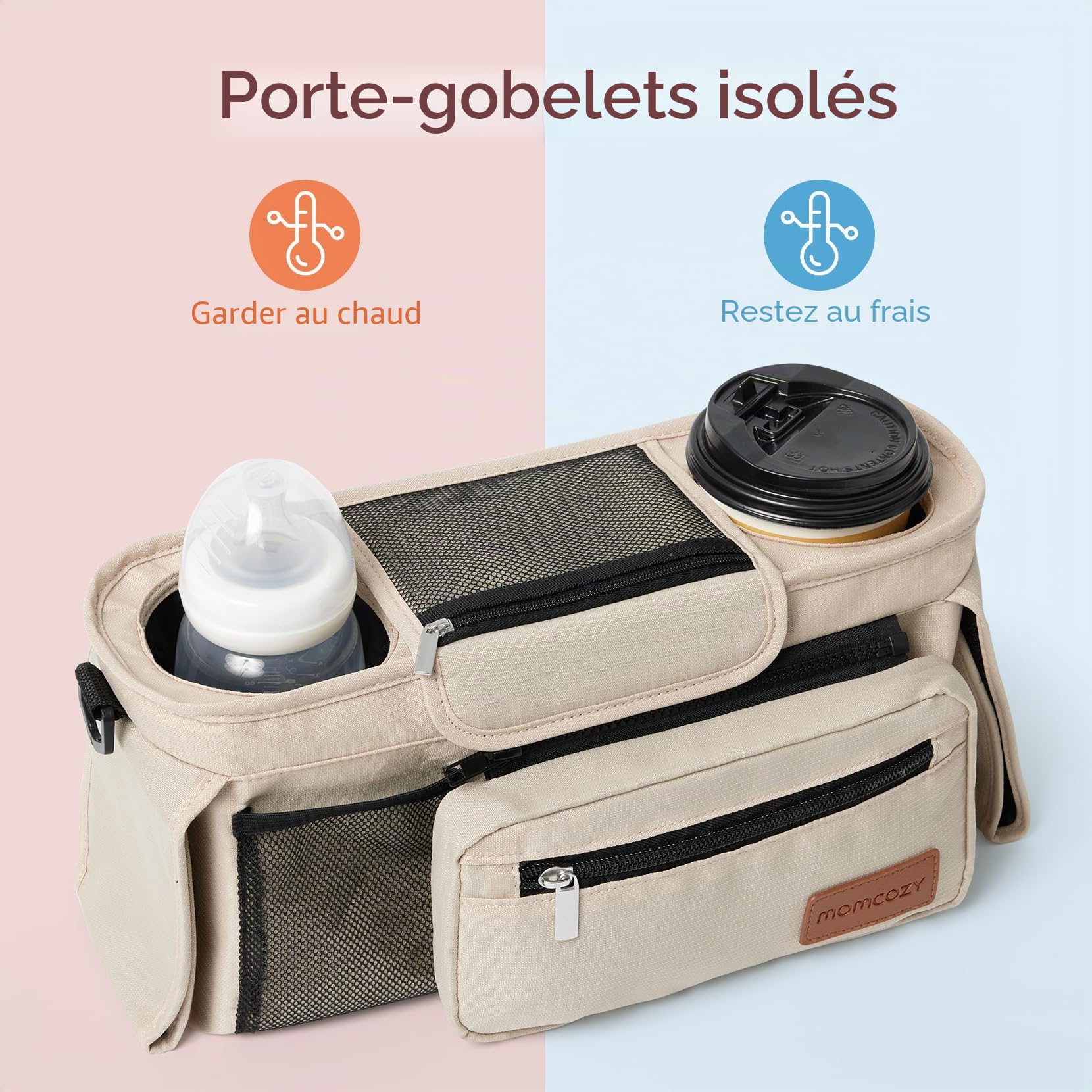 Organisateur de poussette universel avec porte-gobelet isolé, Momcozy Sac pour poussette Accessoires pour bébé avec poche zippée, bandoulière et espace de rangement pour couches&téléphones portables