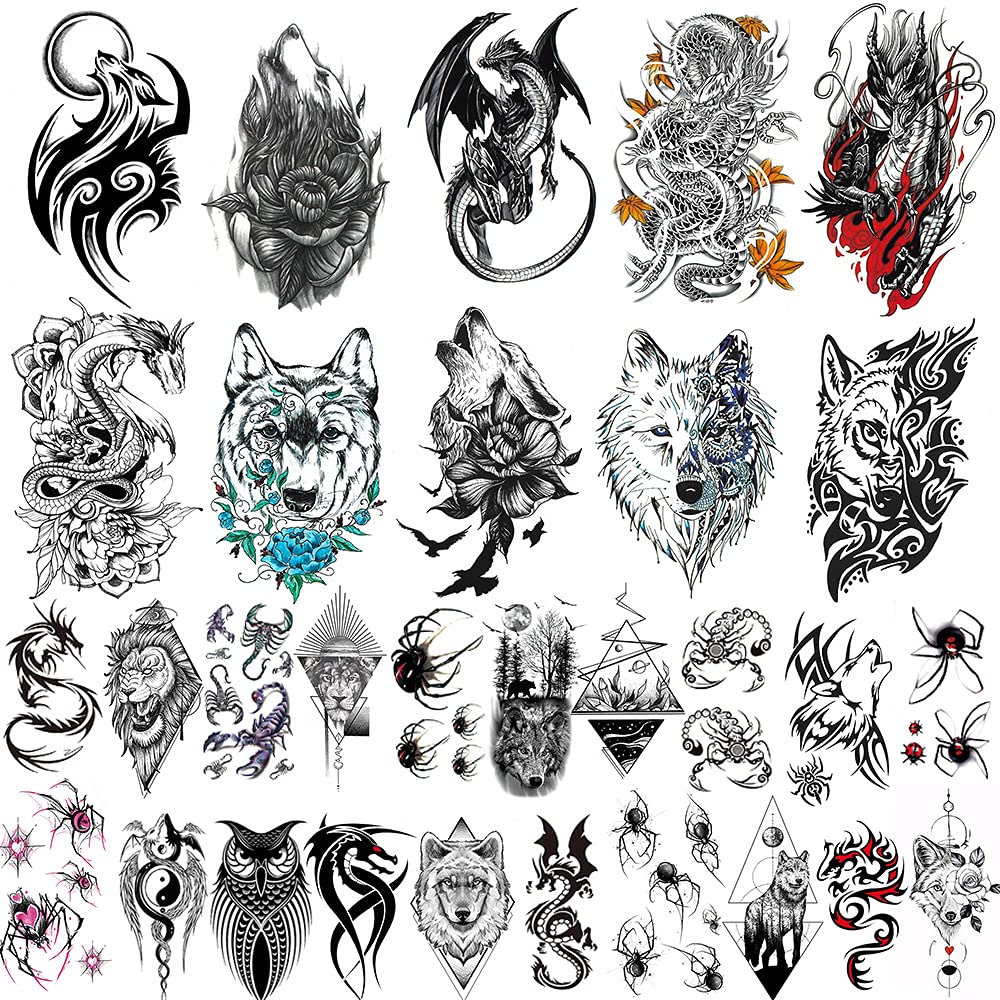 Amazon.com : 30 Sheets Large Dragon Wolf Temporary Tattoos, Arm Hands Face  Tattoo Sticker for Men Women,Spider, scorpion, Dragon Designs long lasting  : Beauty & Personal Care
