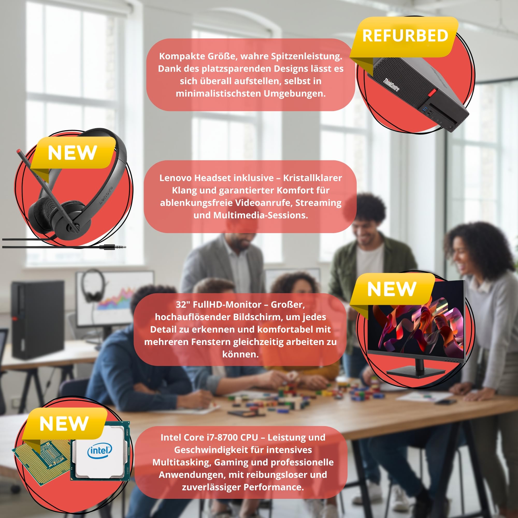 Lenovo Kompletter PC Desktop Intel Core i7 bis zu 4,70 GHz | RAM 16 GB | SSD 2000 GB | 32 Zoll FullHD Monitor mit Audio inkl. Wifi Win 11 Kopfhörer Essential Stereo
