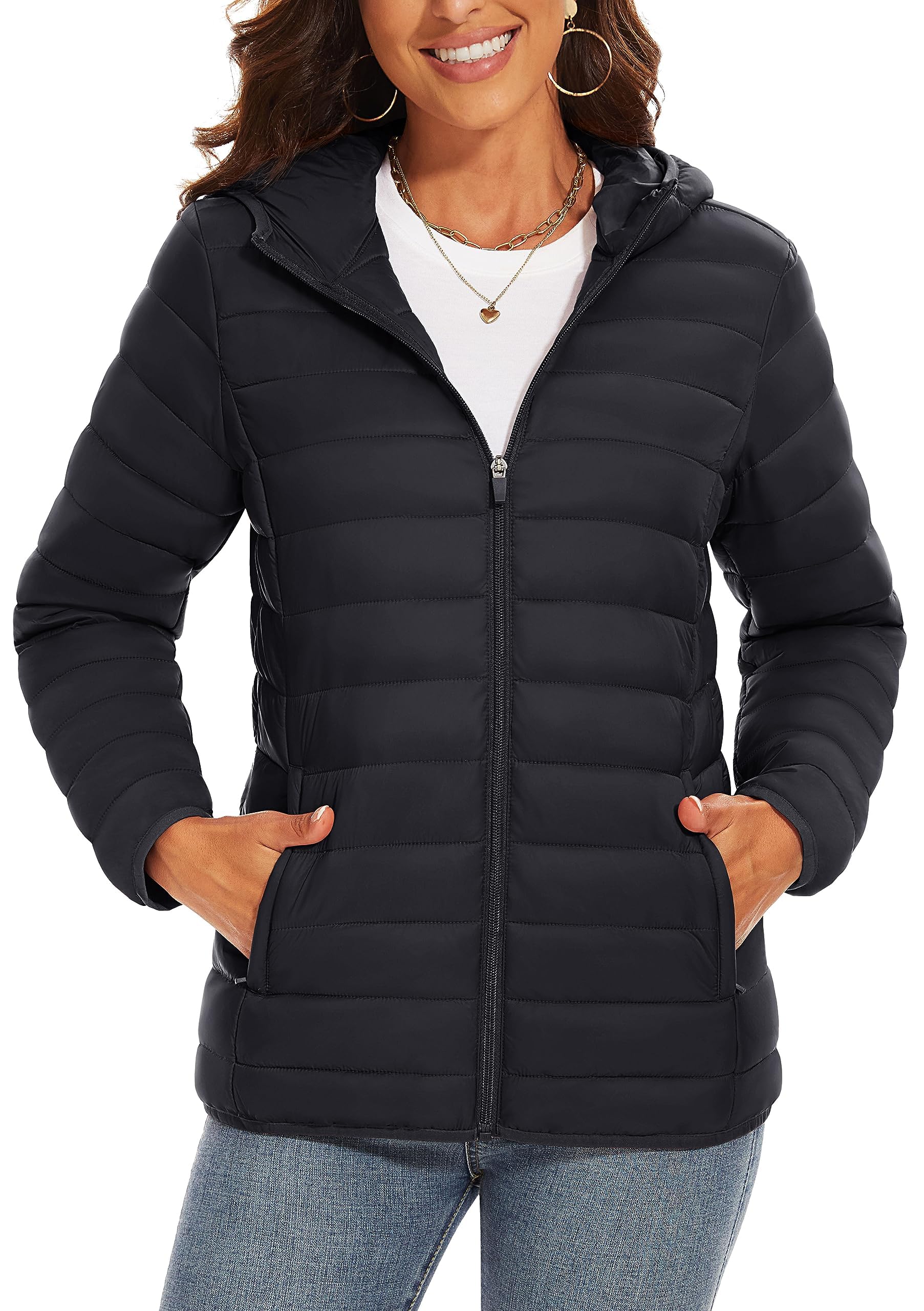 TACVASEN Women's Lightweight Puffer Jacket Quilted Padded Down Jacket with Hood Pockets Waterproof Warm Winter Coat