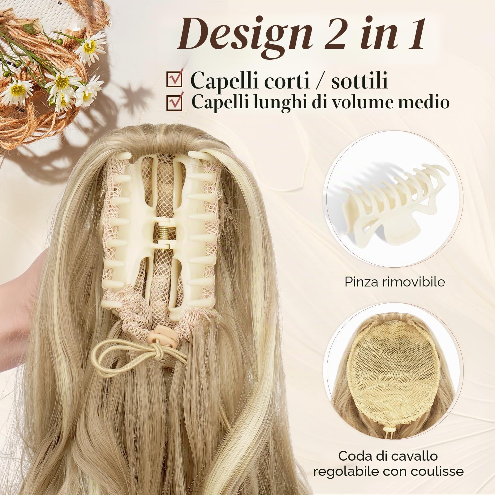 Sofeiyan Coda Cavallo con Pinza 43cm Ricci Ondulati Naturali Capelli Sintetici Posticci Extension Coda di Cavallo per Donna, Biondo Medio con Meches Bionde