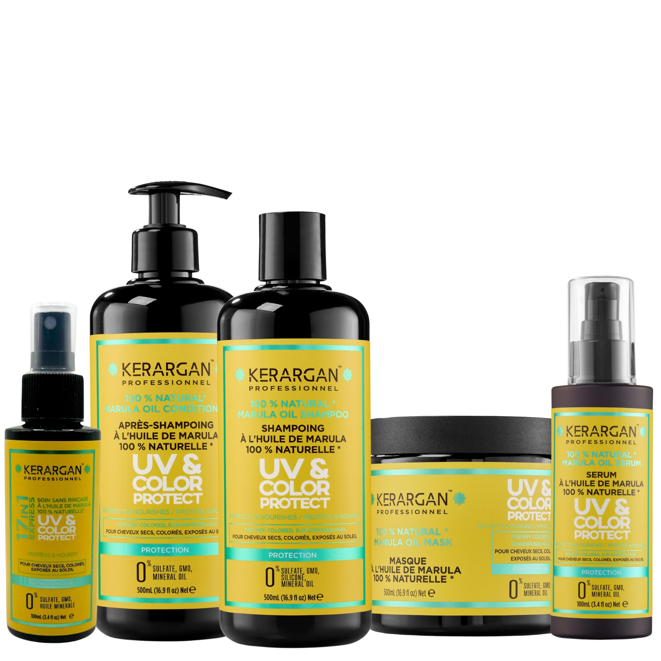 KERARGAN - Routine Marula 5 Soins Protection UV Couleur - 3x500ml+2x100ml | Shampoing, après-shampoing, masque, sérum et spray 17-en-1, routine complète de protection UV et couleur