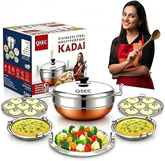 QSEC Stainless Steel Multi Kadai Idli maker cooker steamer with Copper Bottom All-in-One Big Size dhokla cooker | 5 Plate - 2 Idli | 2 Dhokla | 1 Patra | Momo steamer | 3 in 1 | Idli maker steamer - 285MM 100% Non toxin material | 2 year warranty