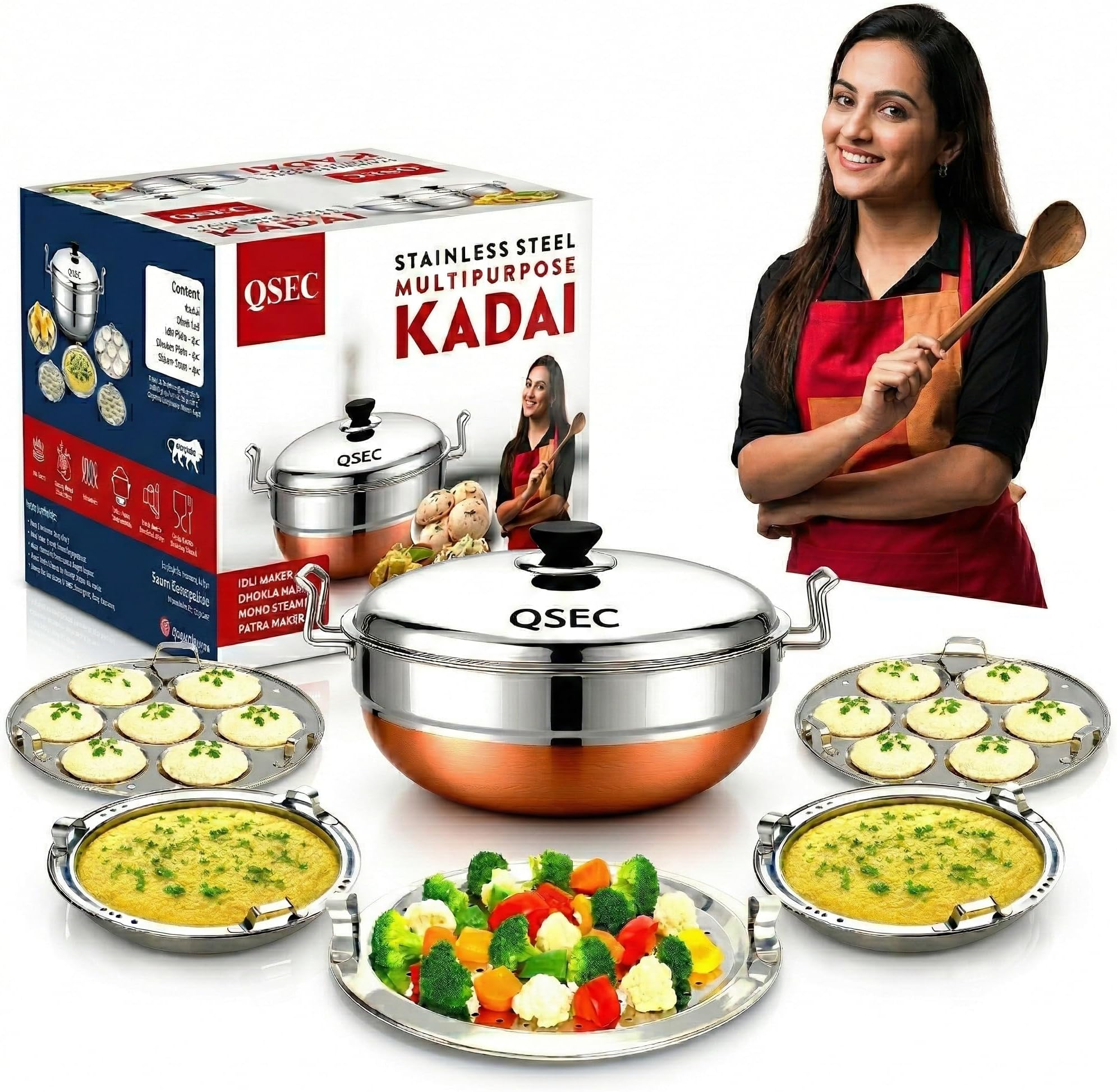 QSEC Stainless Steel Multi Kadai Idli maker cooker steamer with Copper Bottom All-in-One Big Size dhokla cooker | 5 Plate - 2 Idli | 2 Dhokla | 1 Patra | Momo steamer | 3 in 1 | Idli maker steamer - 285MM 100% Non toxin material | 2 year warranty