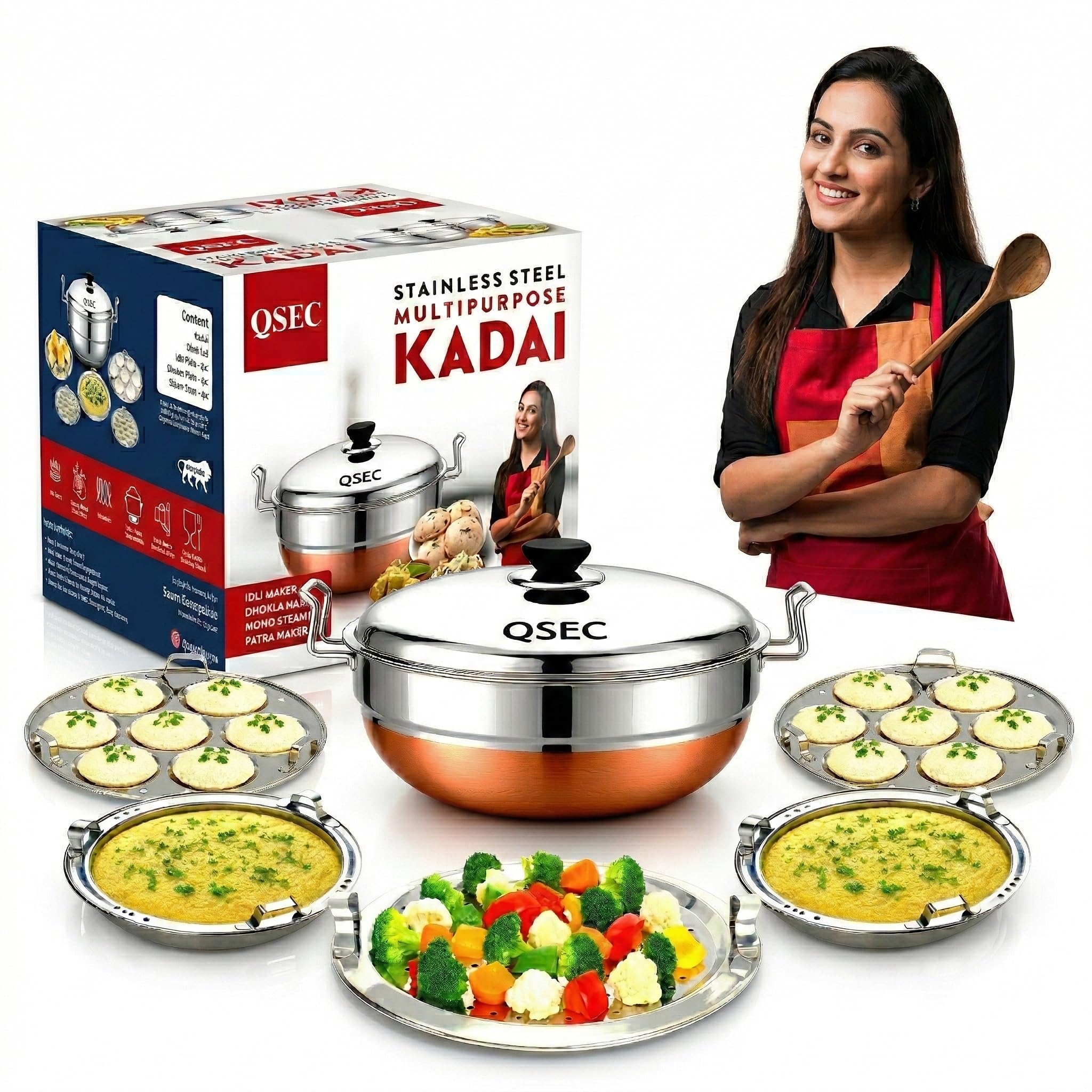 QSEC Stainless Steel Multi Kadai Idli maker cooker steamer with Copper Bottom All-in-One Big Size dhokla cooker | 5 Plate - 2 Idli | 2 Dhokla | 1 Patra | Momo steamer | 3 in 1 | Idli maker steamer - 285MM 100% Non toxin material | 2 year warranty
