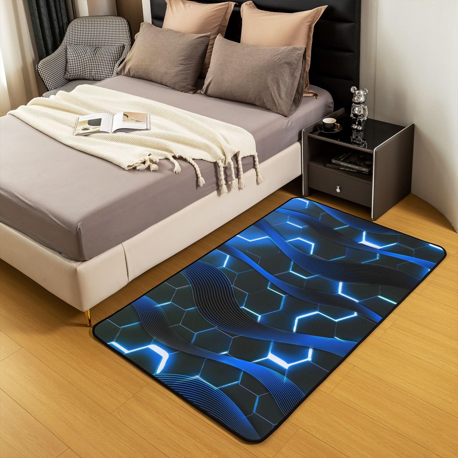 Homewish Tapis 100x150 Géométrique Nid d'abeille Bleu, Tapis Salon Géométrique À Rayures,Tapis d'intérieur Géométrique Lumières Néon Ombrées pour Chambre À Coucher, Tapis Décoratif Moderne Abstrait