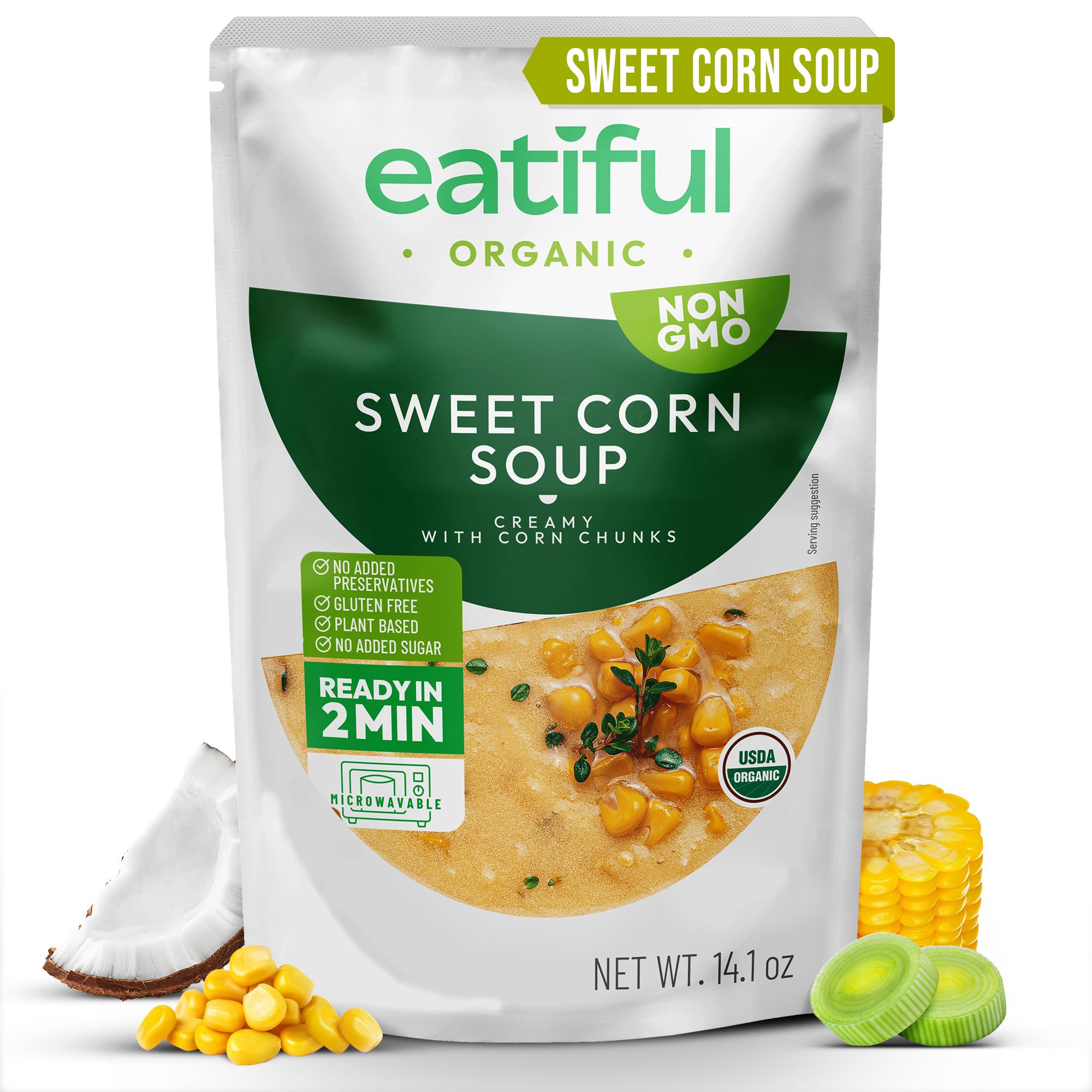 EATIFUL Sopa de Maíz Dulce, Sopa Cremosa de Maíz Dulce Lista Para Comer Con Trozos de Maíz, Elaborada con Verduras Ecológicas, de Origen Vegetal, sin Gluten y OMG, 400g (Paquete De 1 Unidad)
