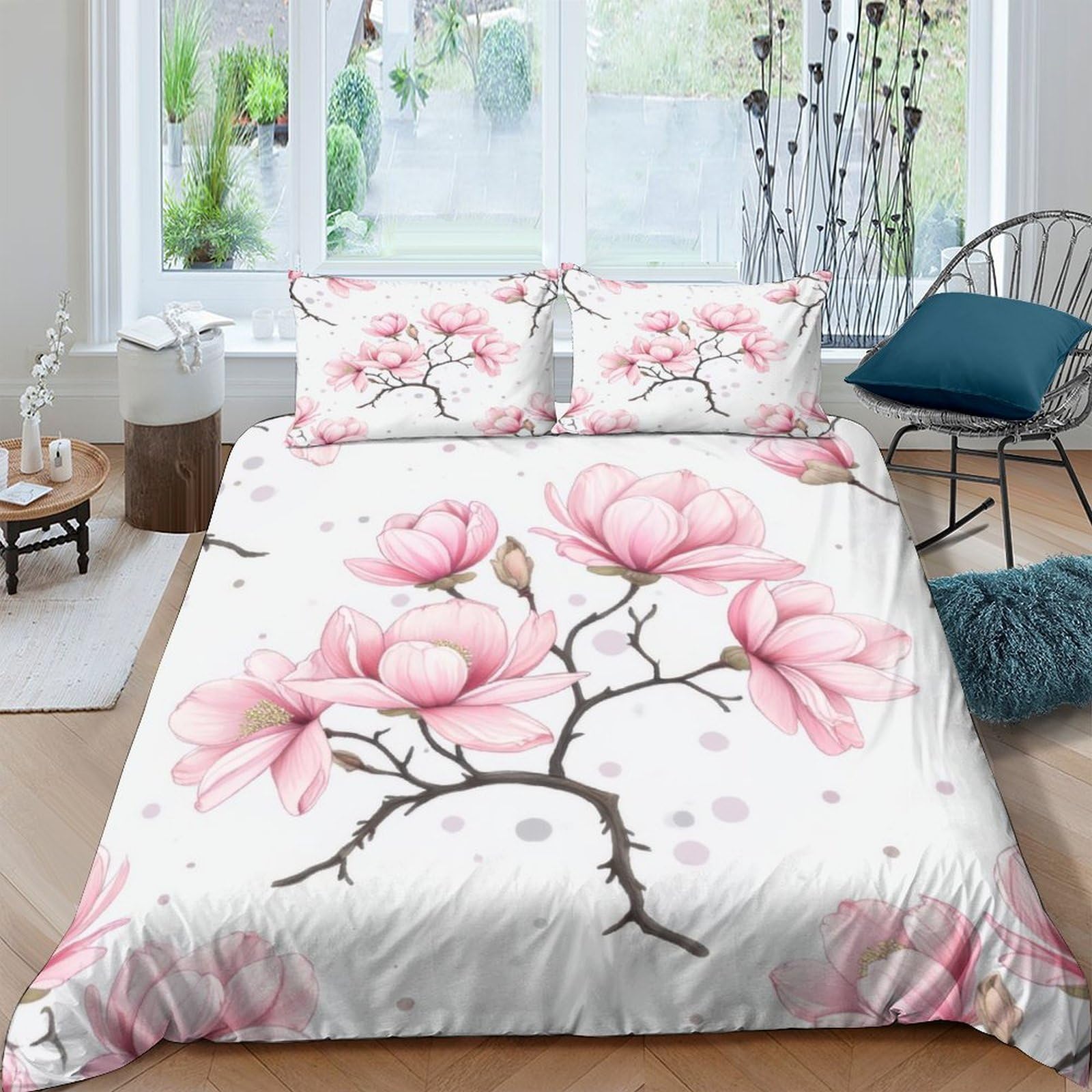 Ctjqhvkz Style-10 3D Printed Pink Magnolia Fitted Sheet Microfiber Soft Bedroom Decor Bird Blossom Mattress Cover For Home Dorm Single（135X200cm）
