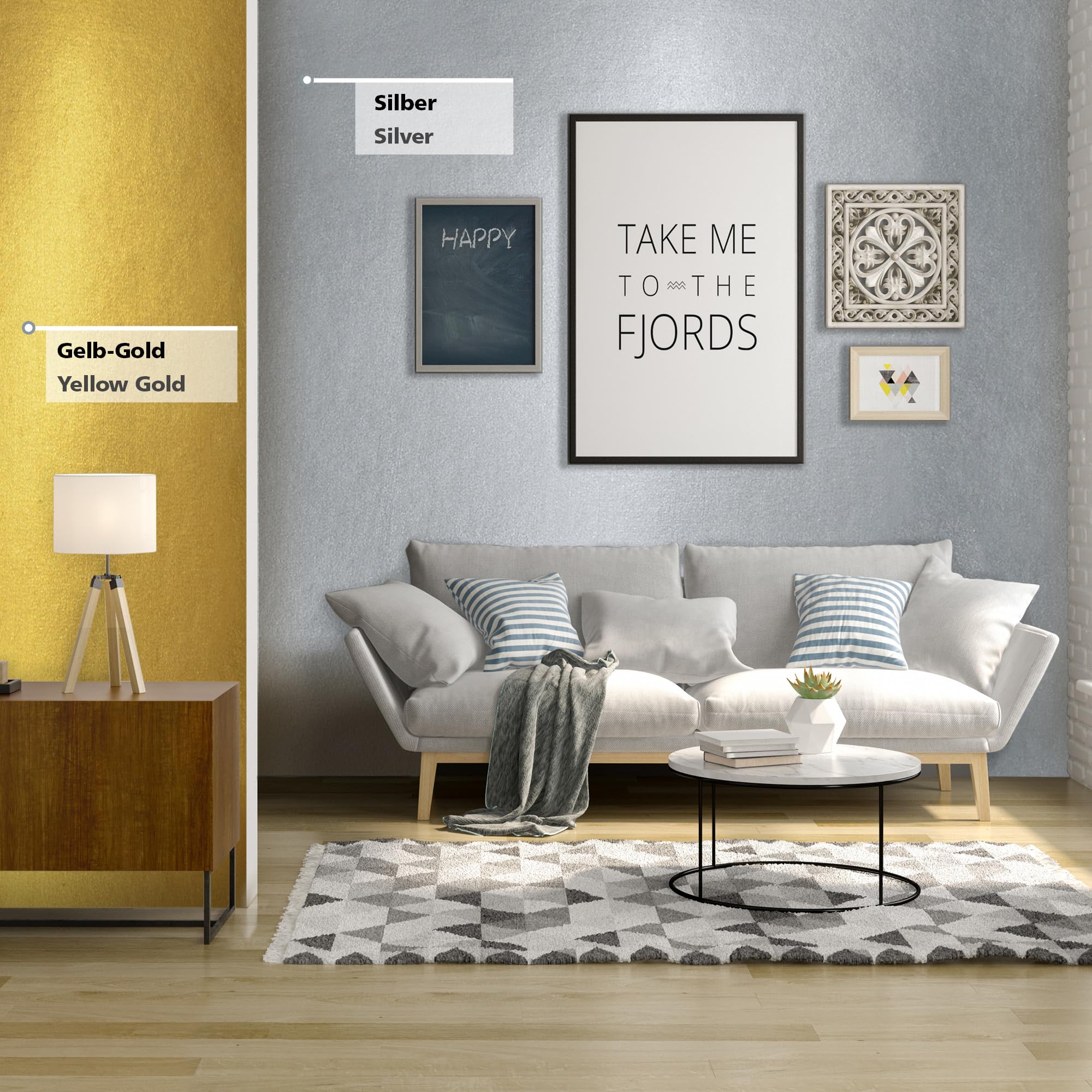 Viva Decor Metallic Wandfarbe 2,5 L - Gelb Gold - Effektfarbe Wand für stilvolle Wandgestaltung, wasserbasiert & abriebfest, leicht aufzutragen, langlebige Wandfarbe mit intensivem Metallic Effekt