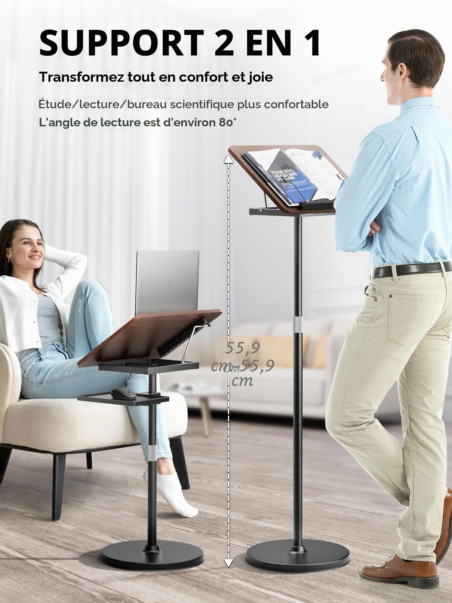 [2-in-1 amovible] Bureau debout pour Ordinateur Portable, Multifonctionnel Standing Desk Table pour Pupitre musique, Support de livre, Support videoprojecteur, Hauteur Réglable 60-130cm - Noir