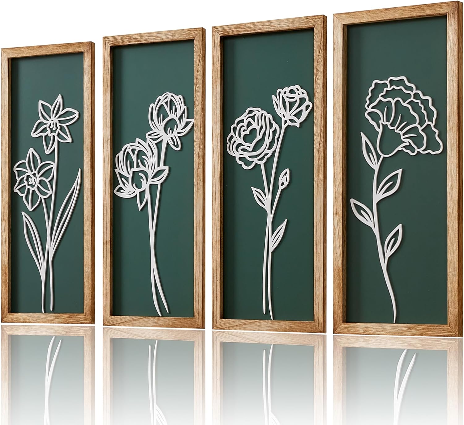 HKBS 3D Wooden Floral Wall Art, Set of 4 Framed Flowers Wall Art Sculptures, Boho Farmhouse Minimalist Decor for Bathroom Bedroom Living Room Kitchen or Office Wall Decorations Housewarming Gifts (Green)
