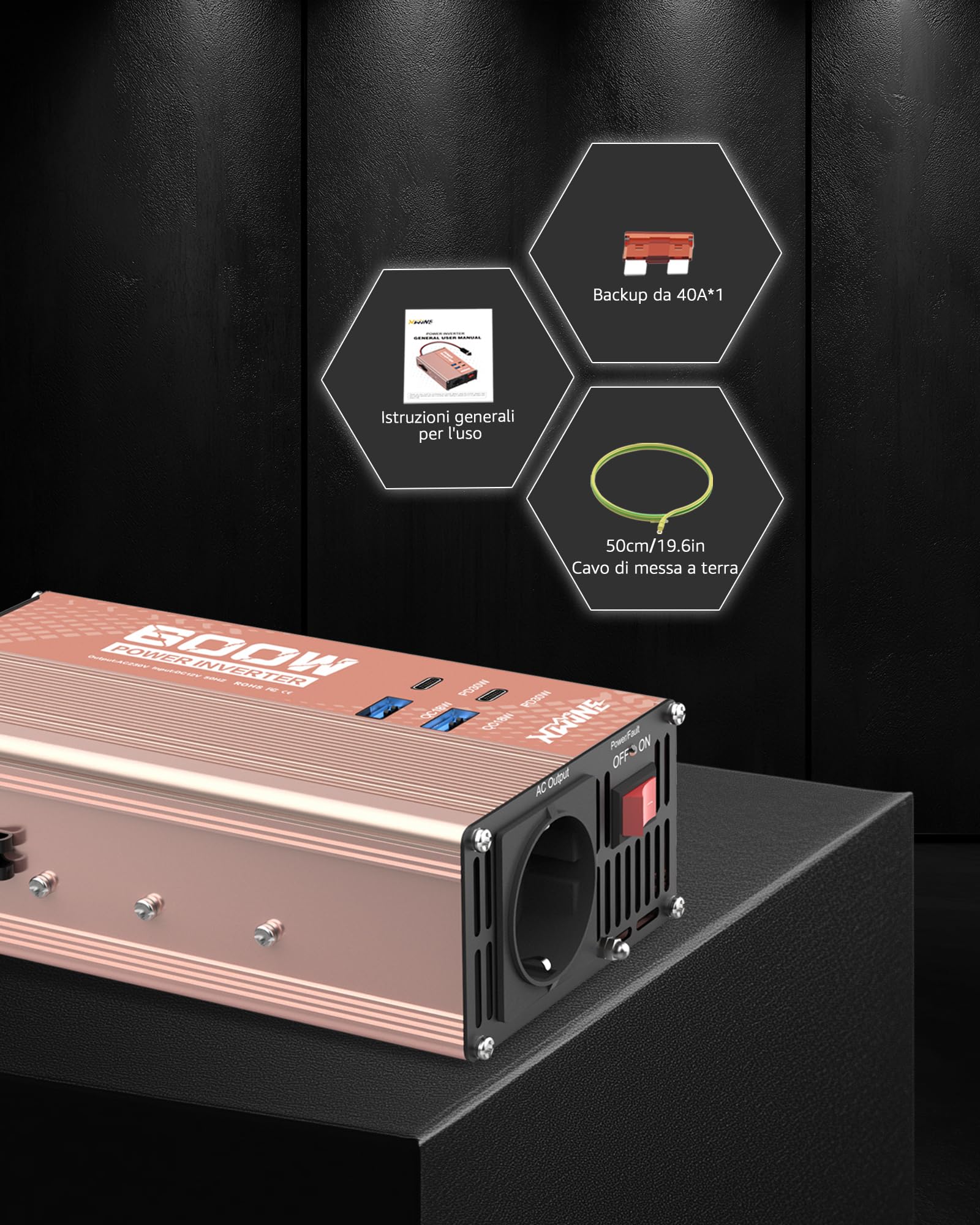 XWJNE 600W Inverter 12V 220V, Invertitore di Tensione con 1 Presa AC EU, 2 USB-A, 2 USB-C, Convertitore Onda Modificata Include Cavo Accendisigari e Pinze a Coccodrillo, per Auto, Camper, Viaggi