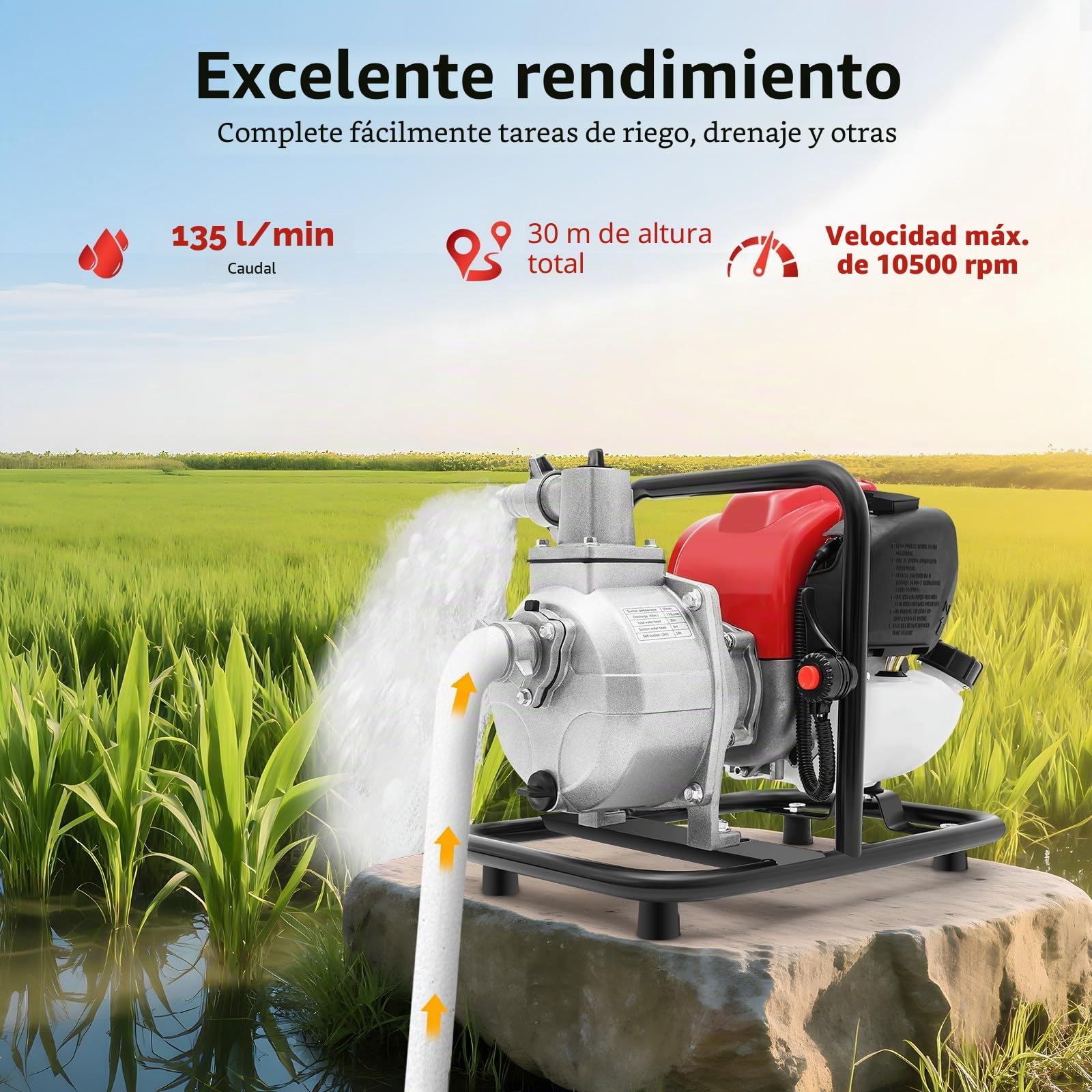 Bomba de agua de gasolina para aguas residuales de 4 tiempos, motor de alta eficiencia, bomba de aguas fecales, altura de elevación de 30m, bomba de jardín móvil para drenaje y riego