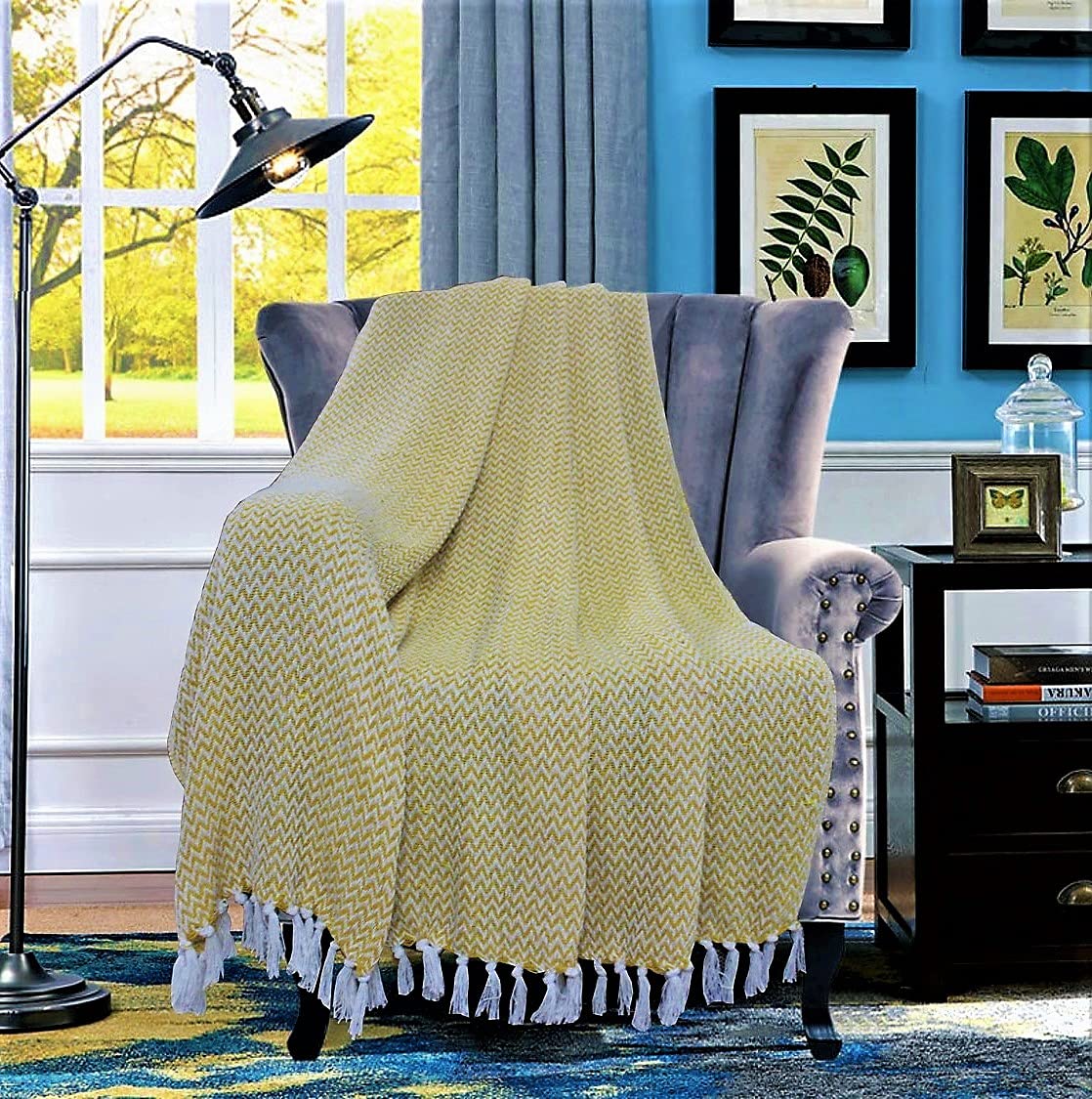 Chevron 78x60 Inch Reversible Cotton Throw Blanket with Tassels| Blanket for Living Room, Sofa, Bed, Chair, Picnic & Used for Gift | Yellow Narrow Chevron, Size - 200x150 Cm