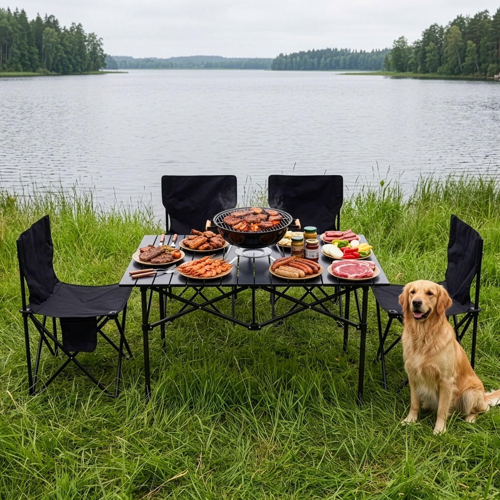 Outdoor Klapptisch Stuhl Set für Camping & Picknick – 5-teiliges tragbares Metall-Camping- & Picknick-Essset mit Tragetasche, ideal für Terrasse, Grillen,Wandern & Garten (95×55×50 cm)